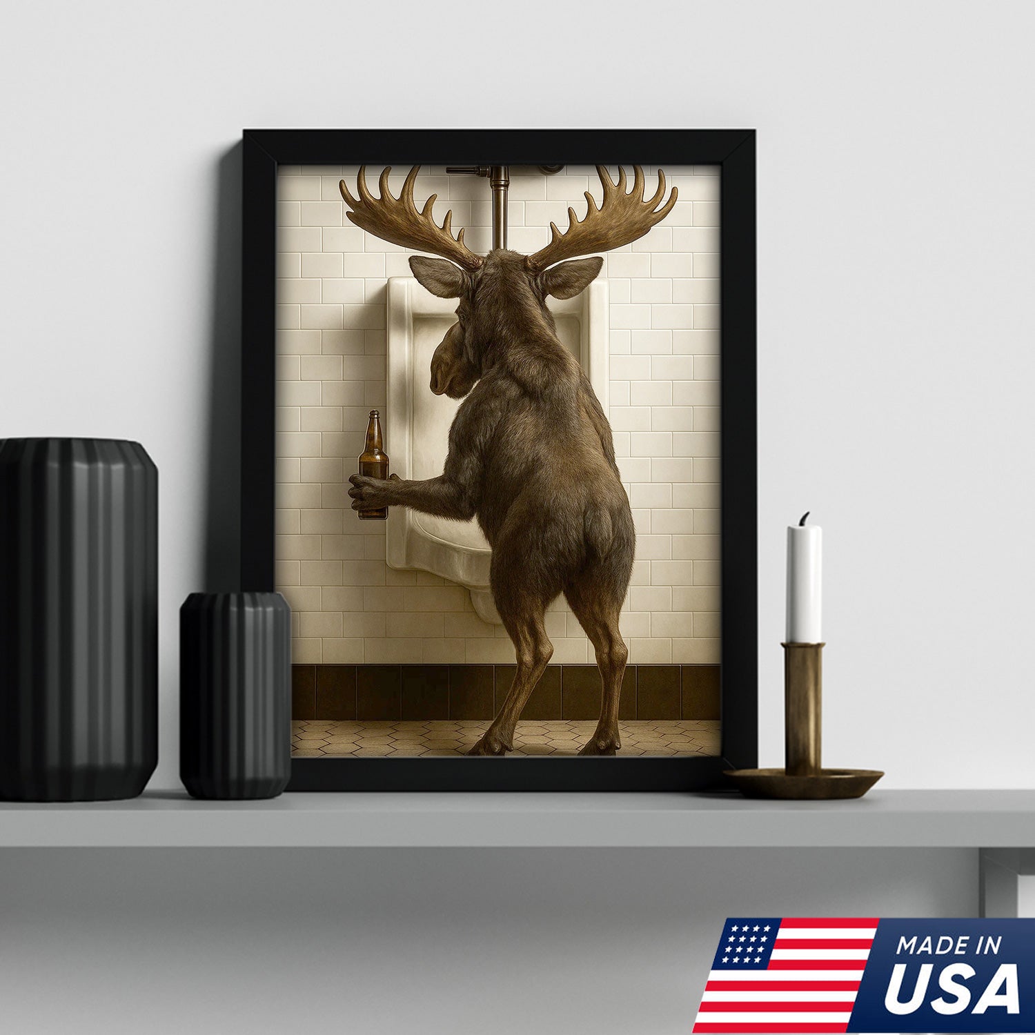Moose Bathroom Canvas Wall Art - Funny Rustic Lodge Decor for Cabin and Hunting Enthusiasts - Wildlife Humor Print