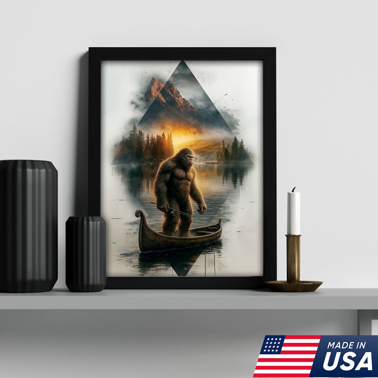 Bigfoot Fishing On Wooden Boat Adventure Canvas Wall Art – Mysterious Forest Lake Decor – Rustic Cabin & Lodge Artwork