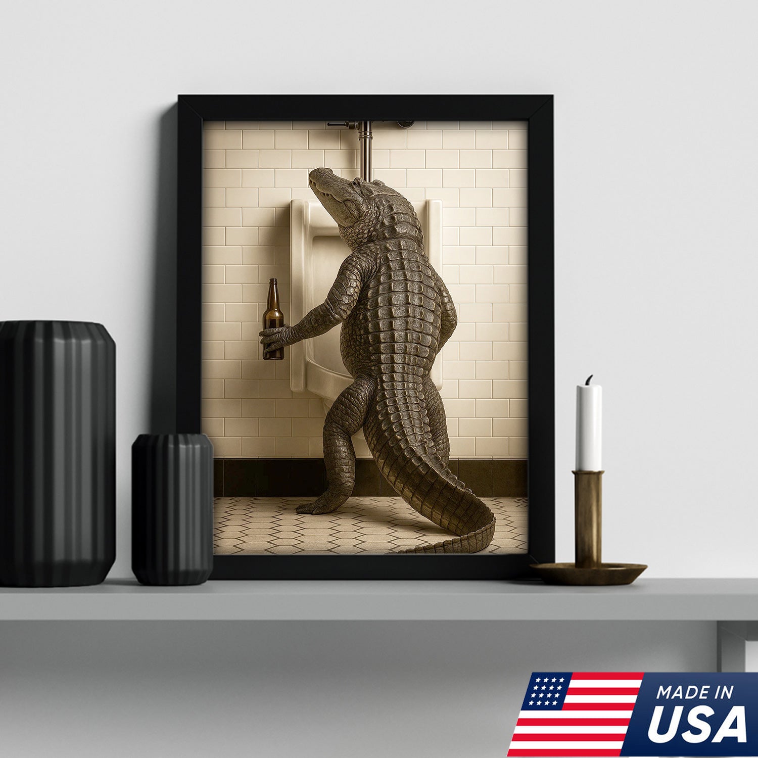 Alligator Bathroom Canvas Wall Art - Funny Rustic Lodge Decor for Cabin, Bar, and Wildlife Lovers - Unique Gator Print