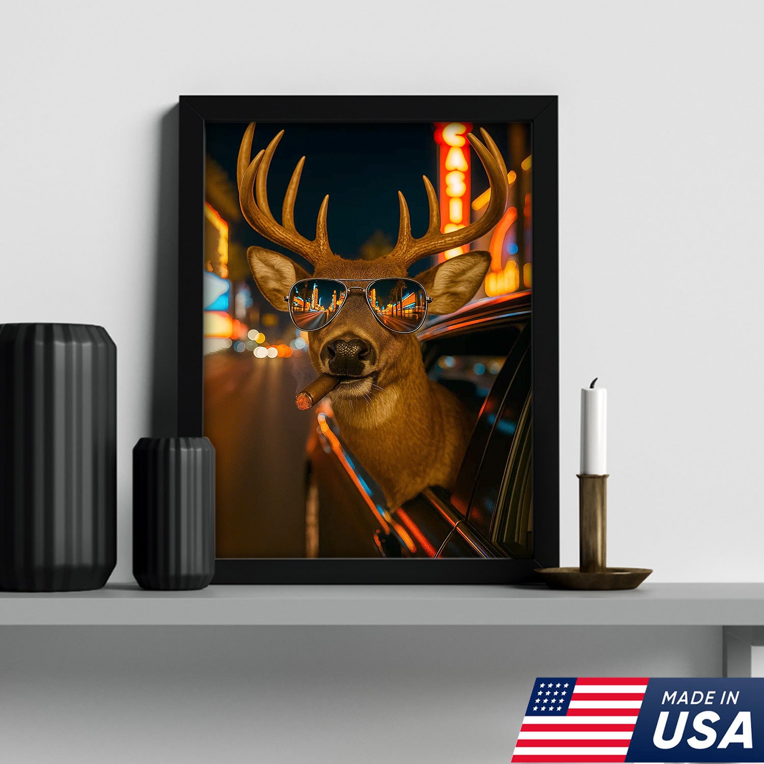 Cool Deer Canvas Wall Art - Funny Rustic Lodge Decor with Sunglasses and Night City Vibes - Unique Wildlife Cabin Print