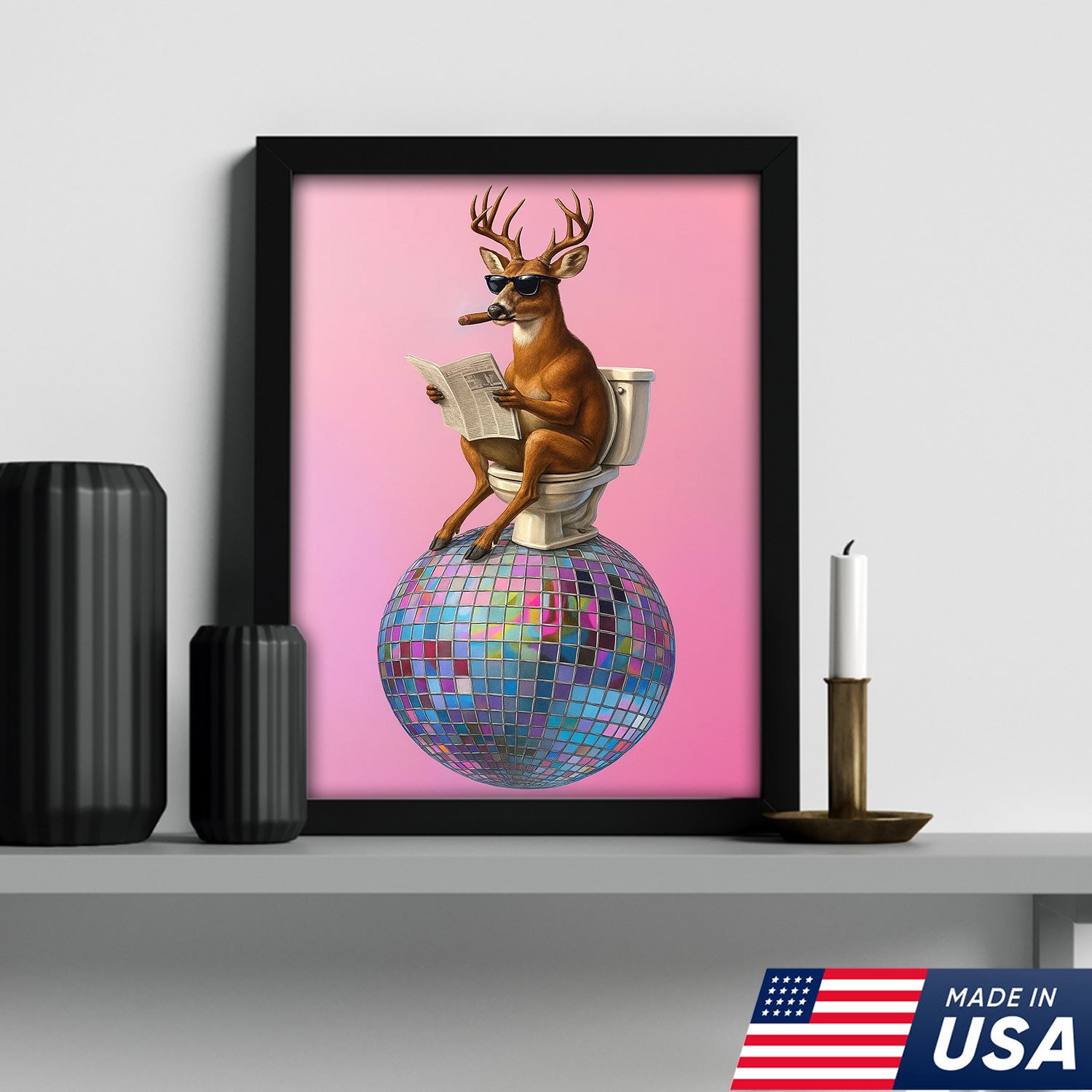 Deer Canvas Wall Art – Funny Buck Reading Newspaper on Toilet with Disco Ball Unique Bathroom Decor