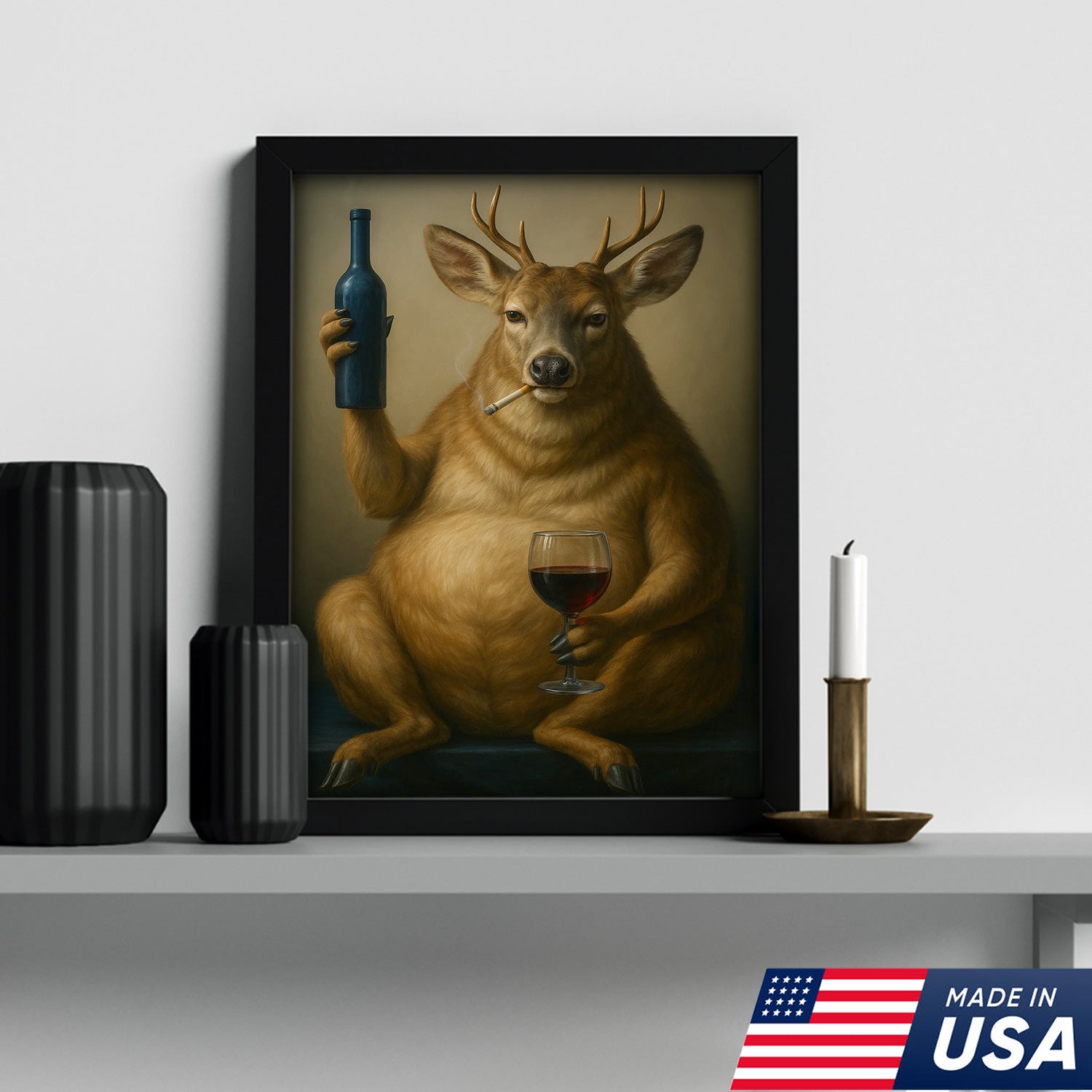 Funny Deer Wall Art Canvas – Fat Buck with Wine Glass Rustic Lodge Decor – Whimsical Wildlife Hunting Home Decoration