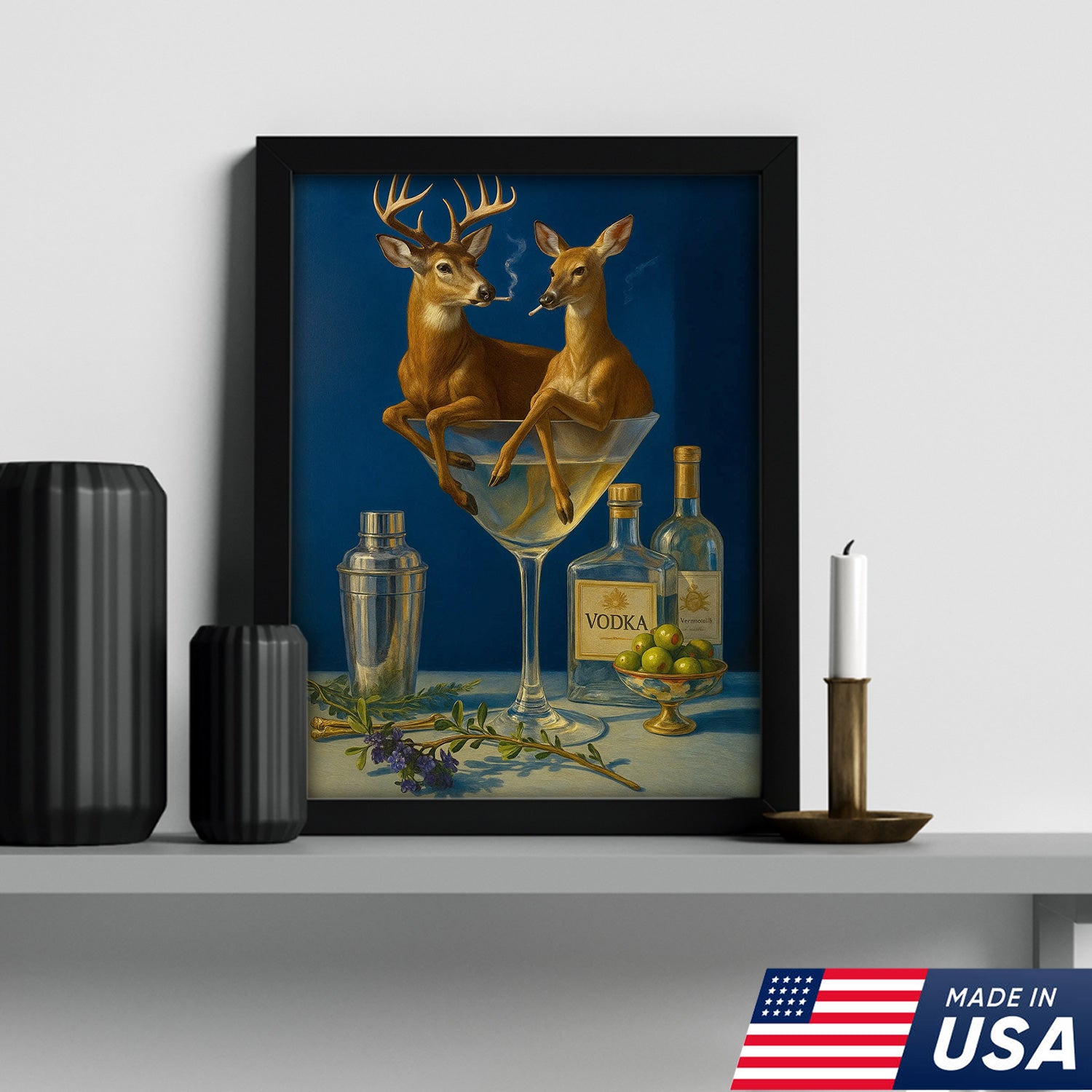Funny Deer Couple Wall Art Canvas – Whimsical Buck and Doe in Martini Glass – Rustic Lodge Hunting Decor for Home Bar