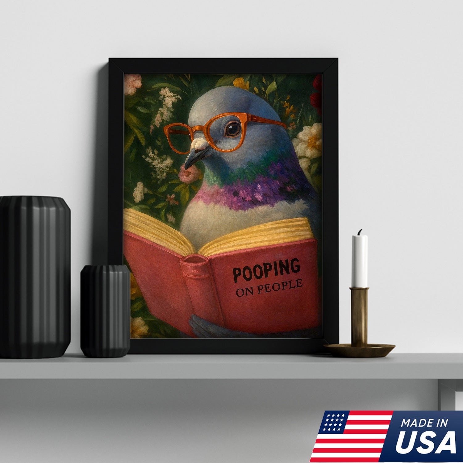 Funny Pigeon Canvas Wall Art - Reading Bird with Glasses Design - Quirky Animal Artwork for Home Decor