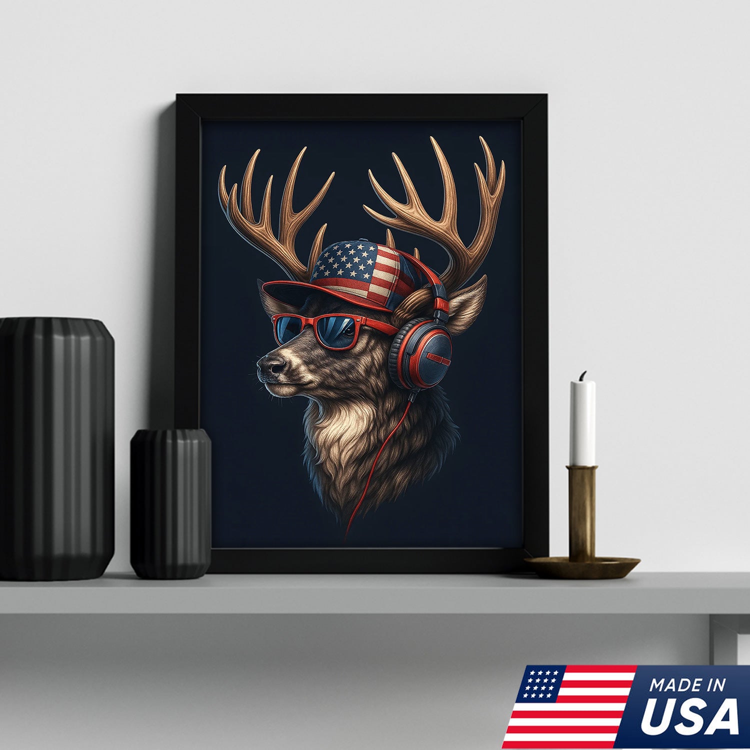 Patriotic Deer Wall Art Canvas – Cool Buck with American Flag Hat and Headphones – Rustic Hunting Lodge Decor USA