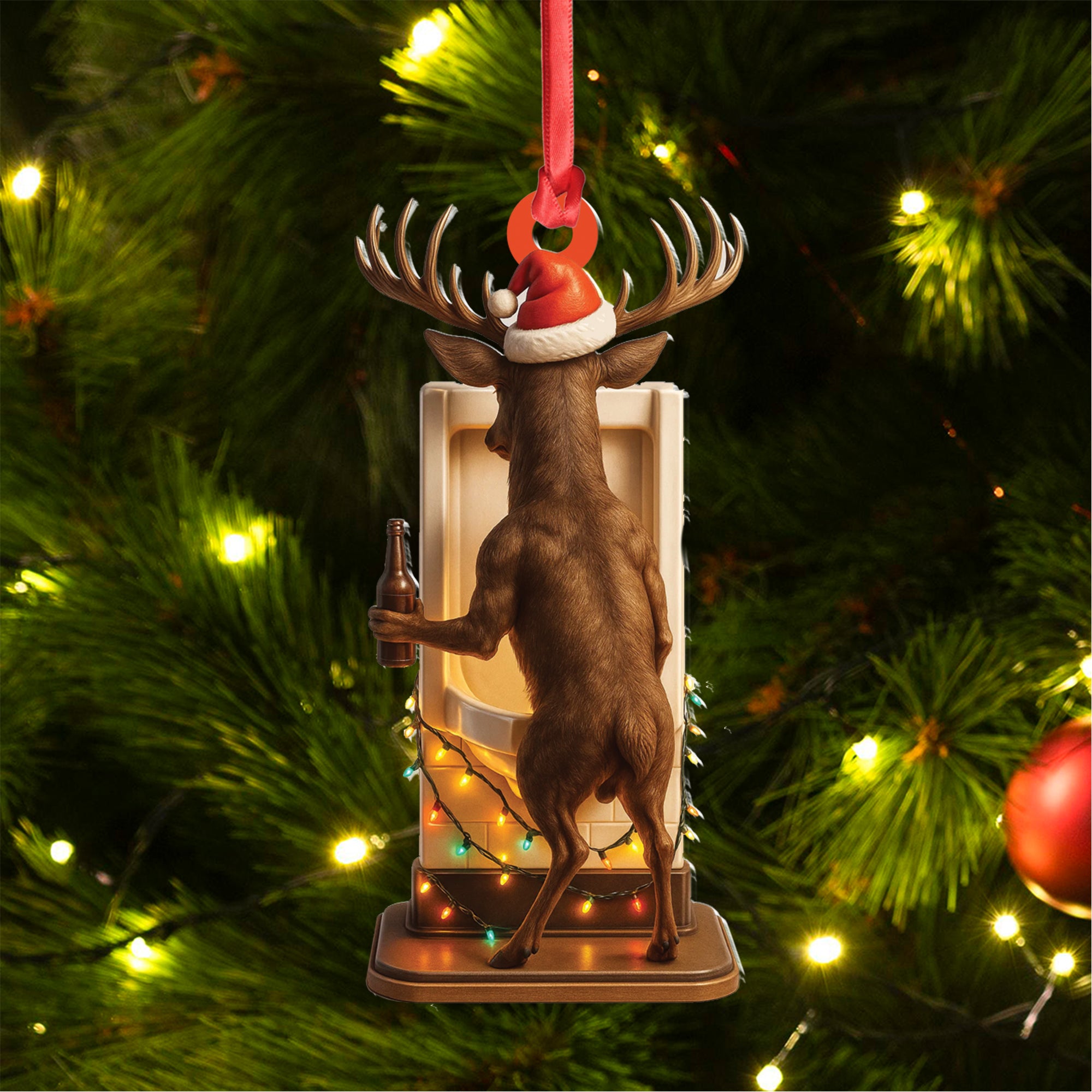 Personalized Acrylic Deer Christmas Ornament – Funny Buck with Santa Hat Drinking Beer by Urinal Holiday Decor