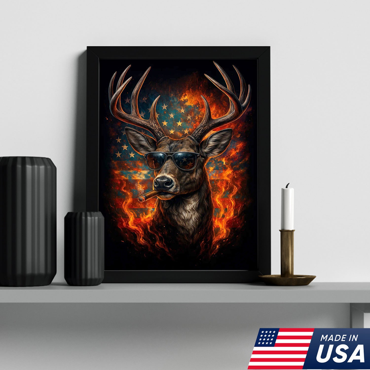 Patriotic Deer Wall Art Canvas – Cool Buck with Sunglasses and American Flag – Rustic Hunting Lodge Decor USA