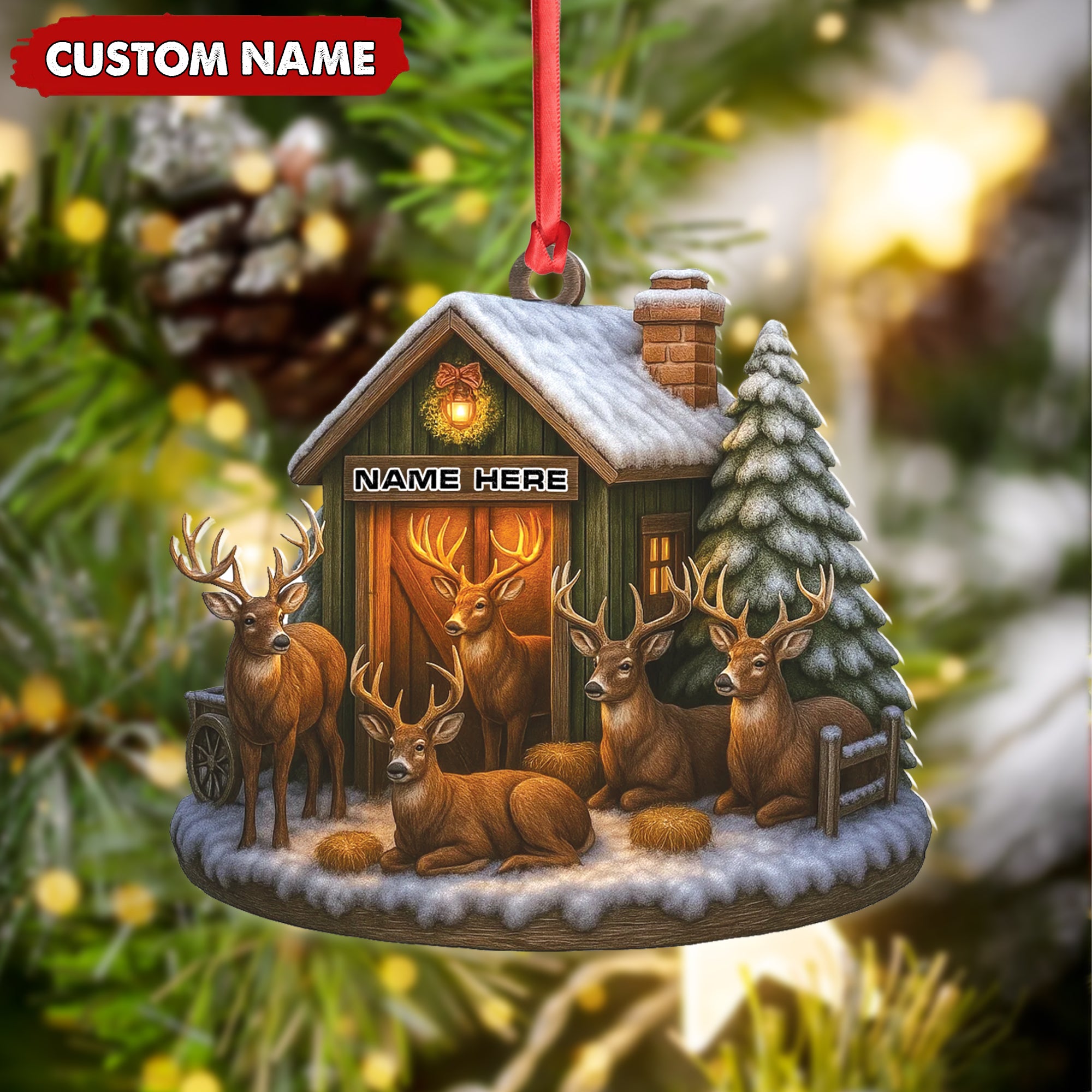 Personalized Acrylic Deer Family Christmas Ornament – Rustic Holiday Cabin Decor for Hunters & Wildlife Lovers
