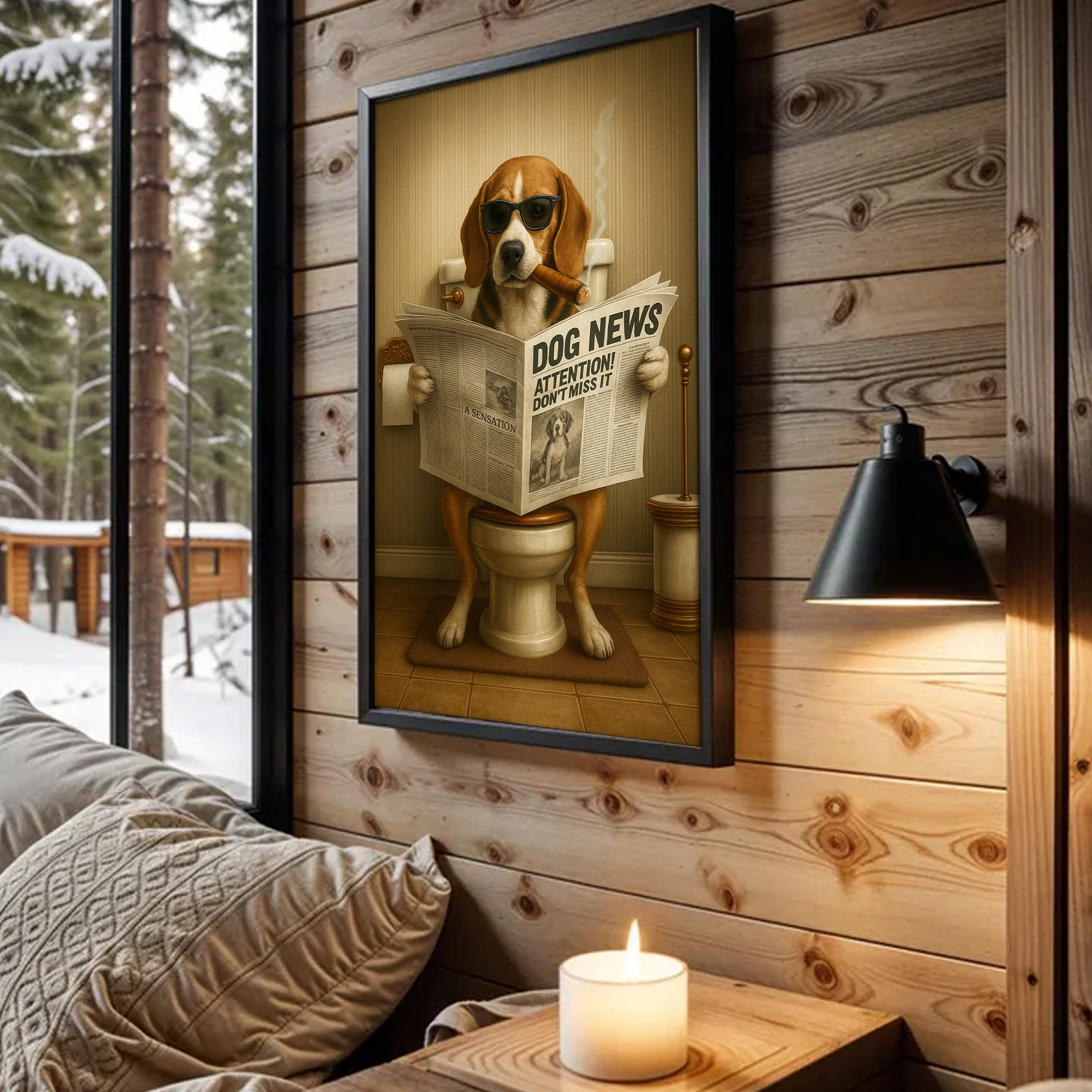 Funny Beagle Reading Newspaper Canvas – Funny Dog Hunting Bathroom Wall Art, Rustic Cabin Decor, Gift for Men