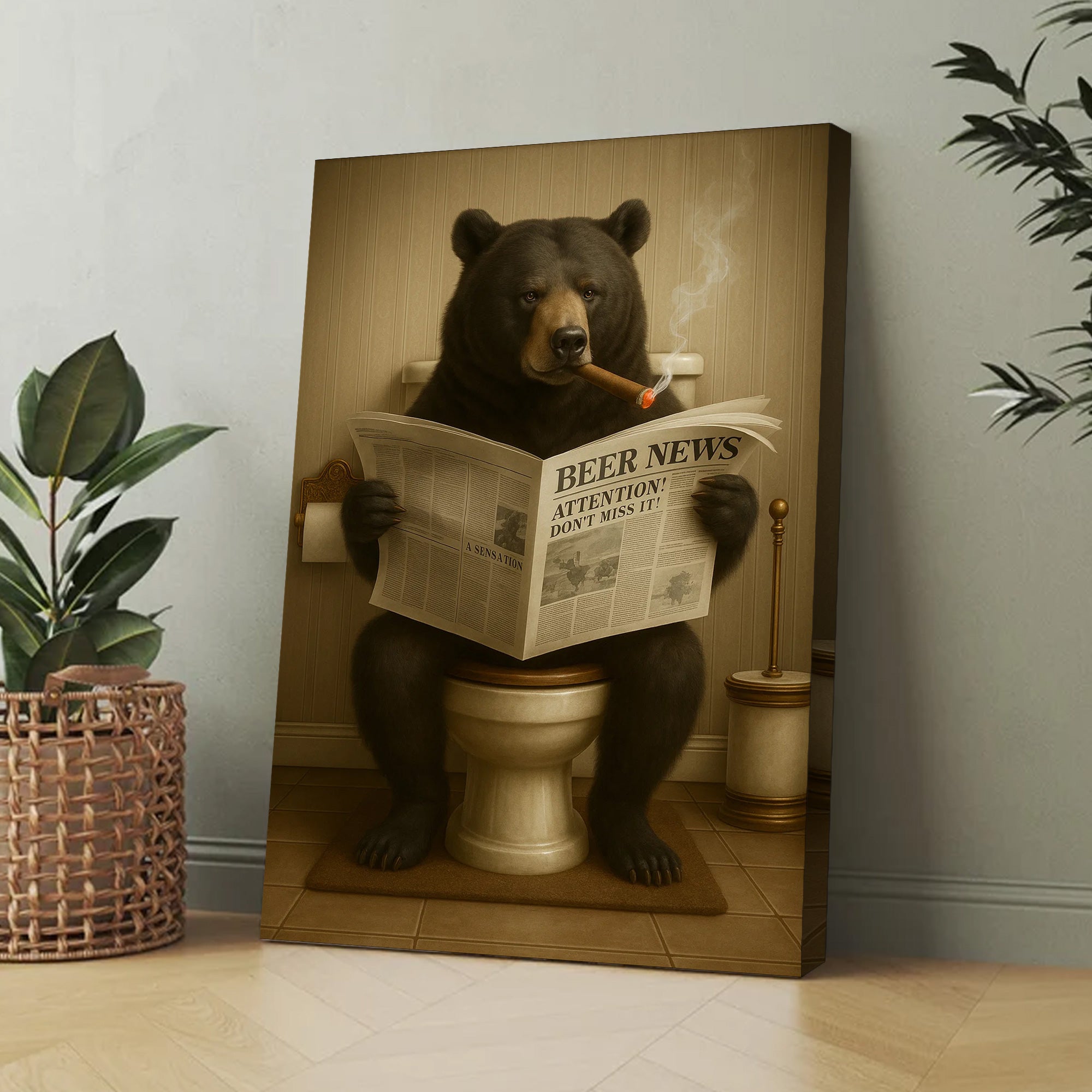 Funny Bear Newspaper Bathroom Canvas Wall Art – Wildlife Animal Poster - Unique Gift for Dad, Hunters & Outdoorsmen