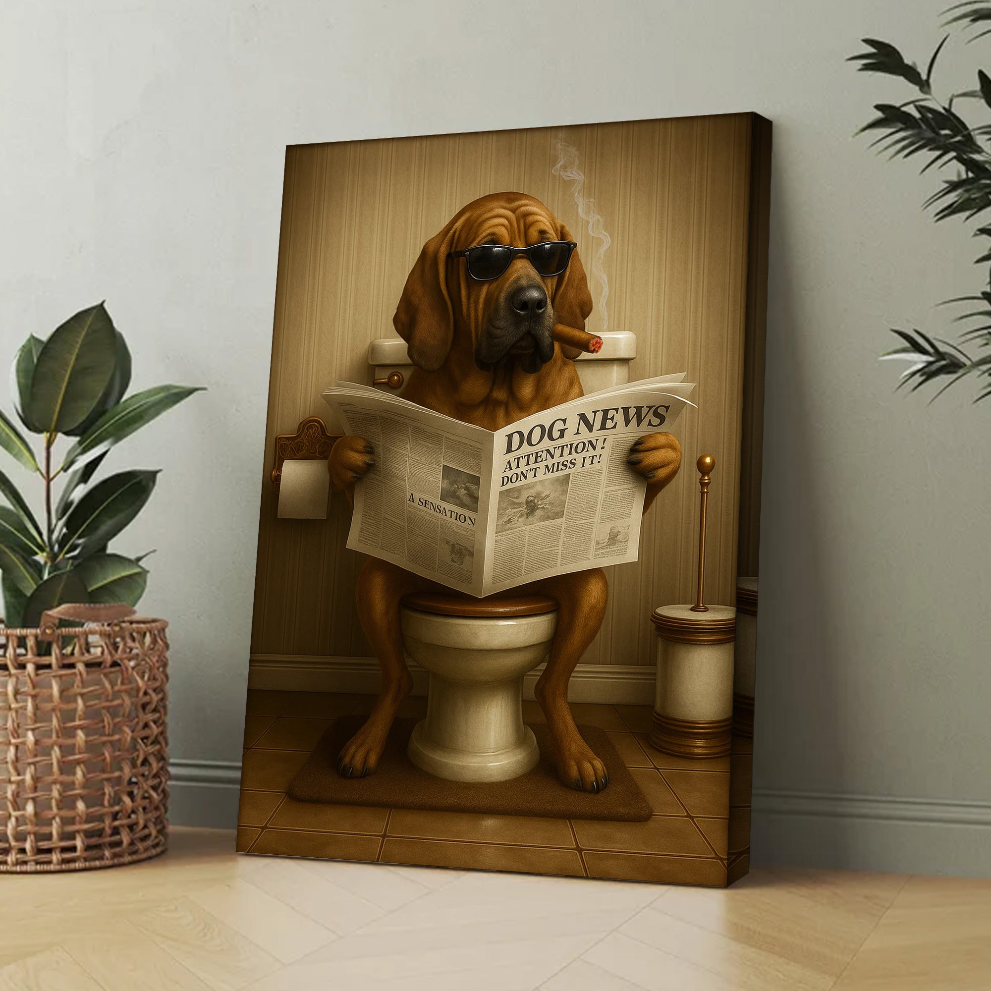 Funny Rustic Dog Bathroom Canvas – Bloodhound Smoking Reading ‘Dog News’ - Hunting Hunters Cabin Decor, Gift for Dad or Husband