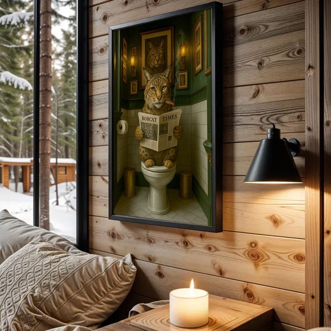 Funny Rustic Bobcat Wall Art Canvas β Smoking-Smoking Wild Cat Reading Newspaper - Rustic Lodge Wall Art, Gift for Hunters