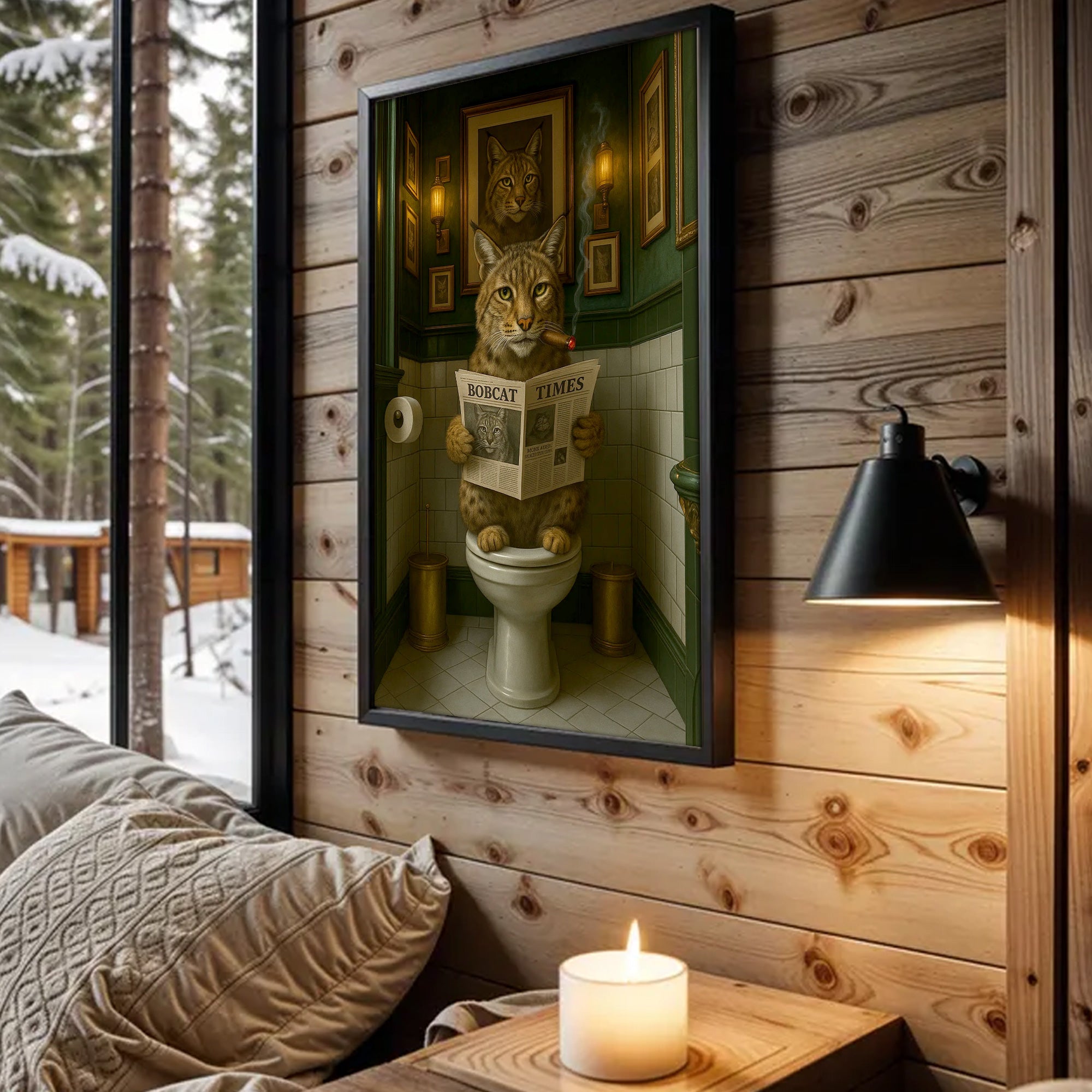 Funny Rustic Bobcat Wall Art Canvas – Smoking-Smoking Wild Cat Reading Newspaper - Rustic Lodge Wall Art, Gift for Hunters