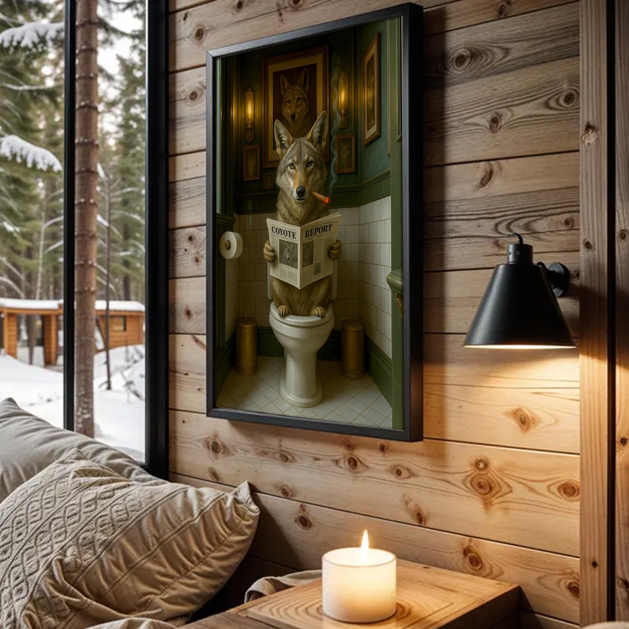 Funny Coyote Bathroom Canvas – Wild Dog on Toilet Reading Newspaper - Wolf Coyote - Rustic Lodge Decor, Gift for Outdoorsmen