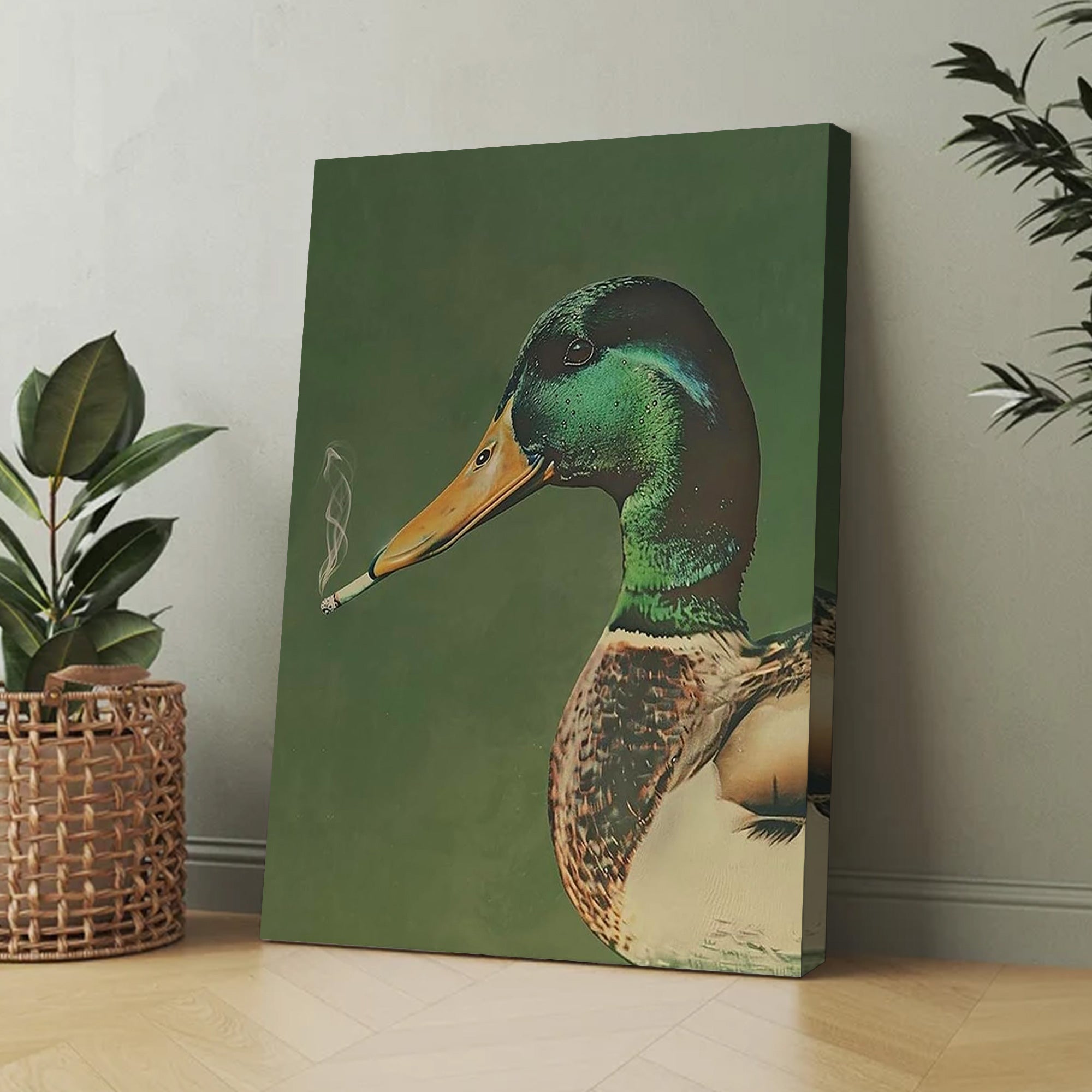 Funny Duck Smoking Canvas Wall Art – Hunting Lodge Decor for Hunters