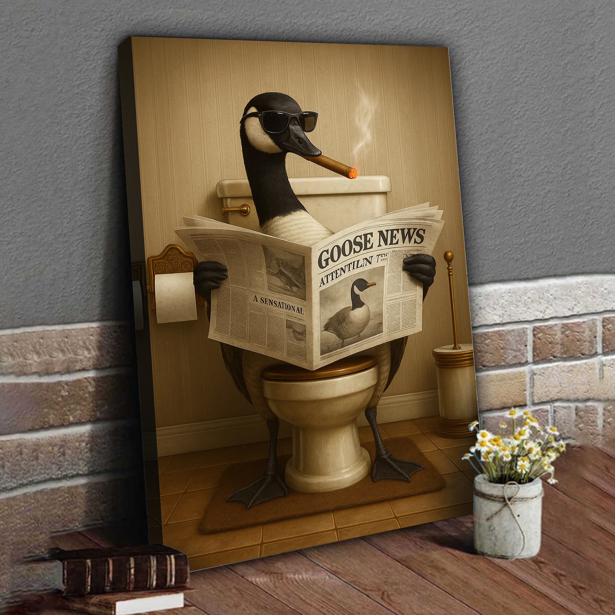 Funny Goose Read Newspaper Bathroom Canvas Wall Art – Hunting Wildlife Animal Poster - Unique Gift for Dad, Hunters