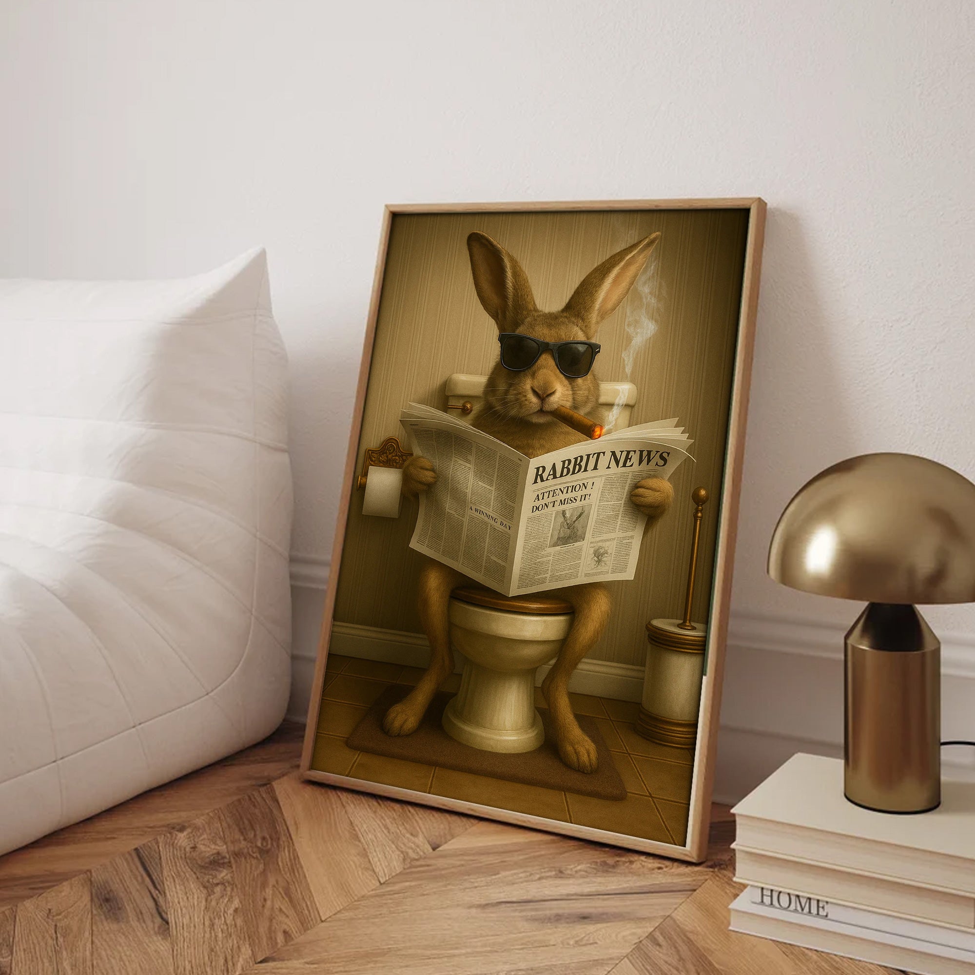 Funny Rabbit Reading News Bathroom Wall Art – Rustic Decor for Men, Hunting Cabin Poster, Hilarious Gift for Dad