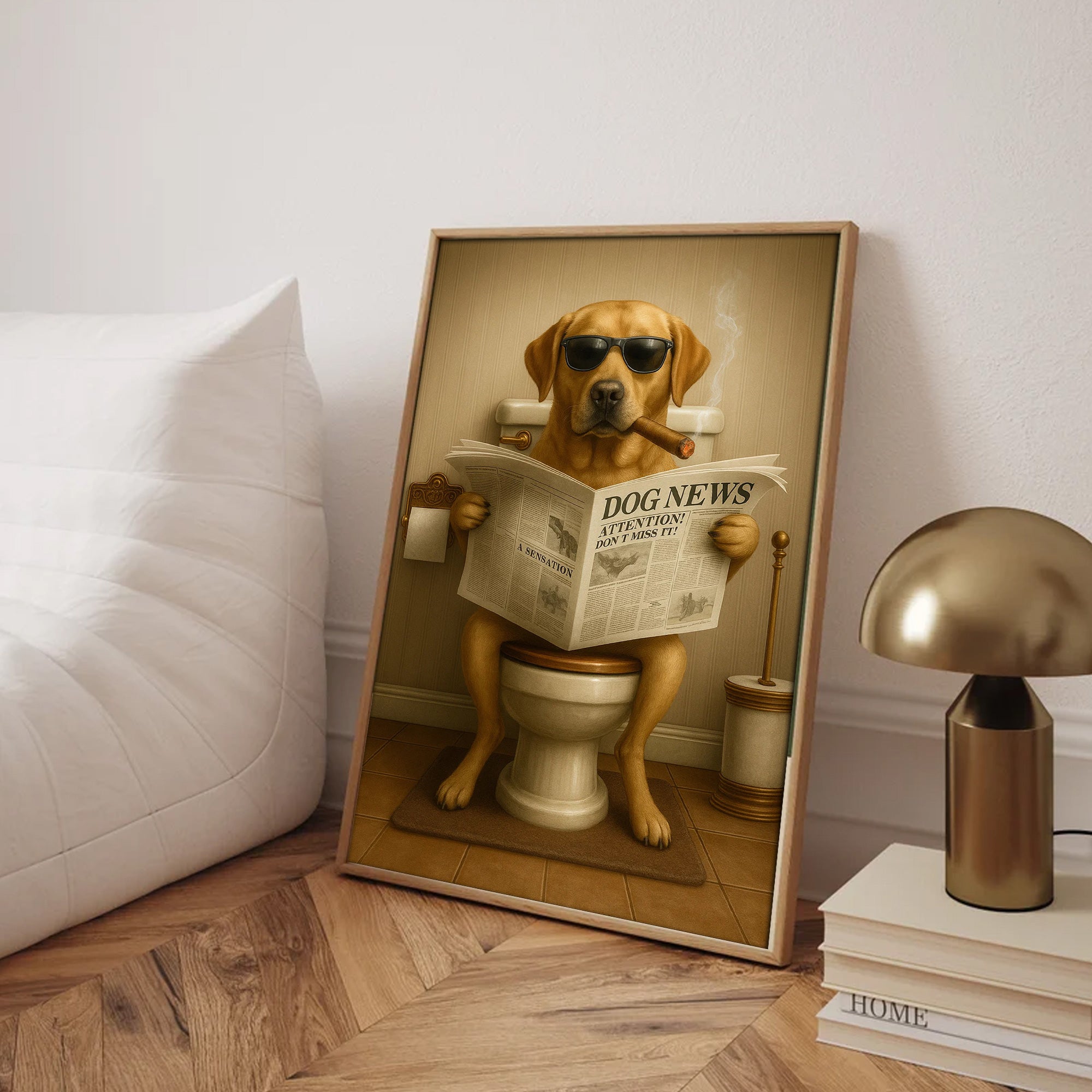 Funny Labrador Bathroom Poster Canvas – Dog on Toilet Reading Newspaper - Rustic Bathroom Decor, Gift for Dog Dads