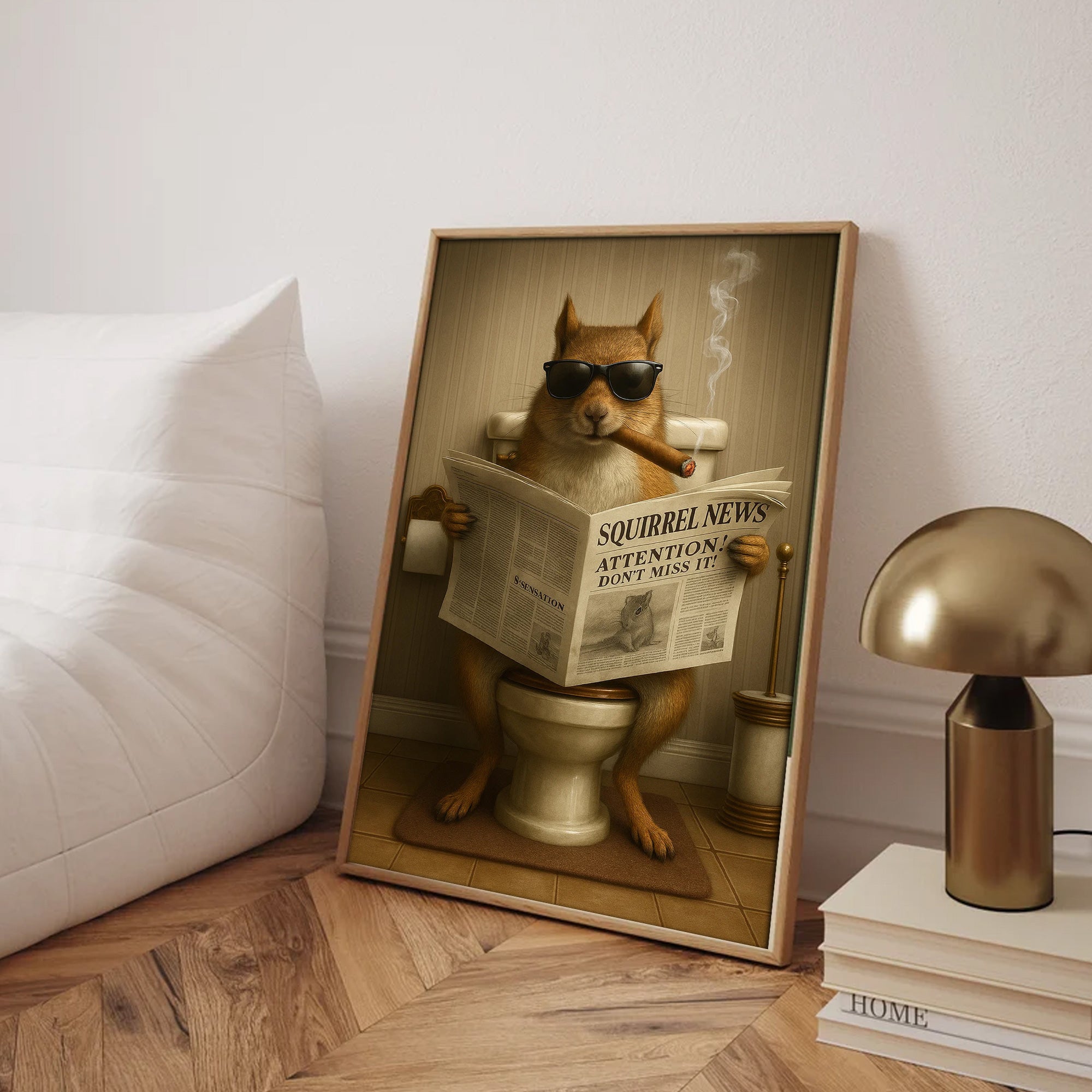 Squirrel Reading News Smoking Bathroom Wall Art – Rustic Decor for Men, Hunting Cabin Poster, Hilarious Gift for Dad
