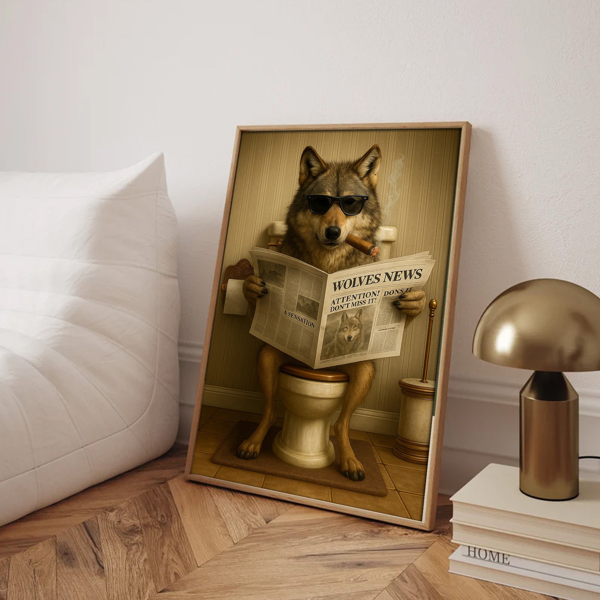 Funny Wolves News Poster Canvas – Hilarious Bathroom Scene with Cool Wolf on Toilet - Gift for Men, Nature Lovers, Hunters