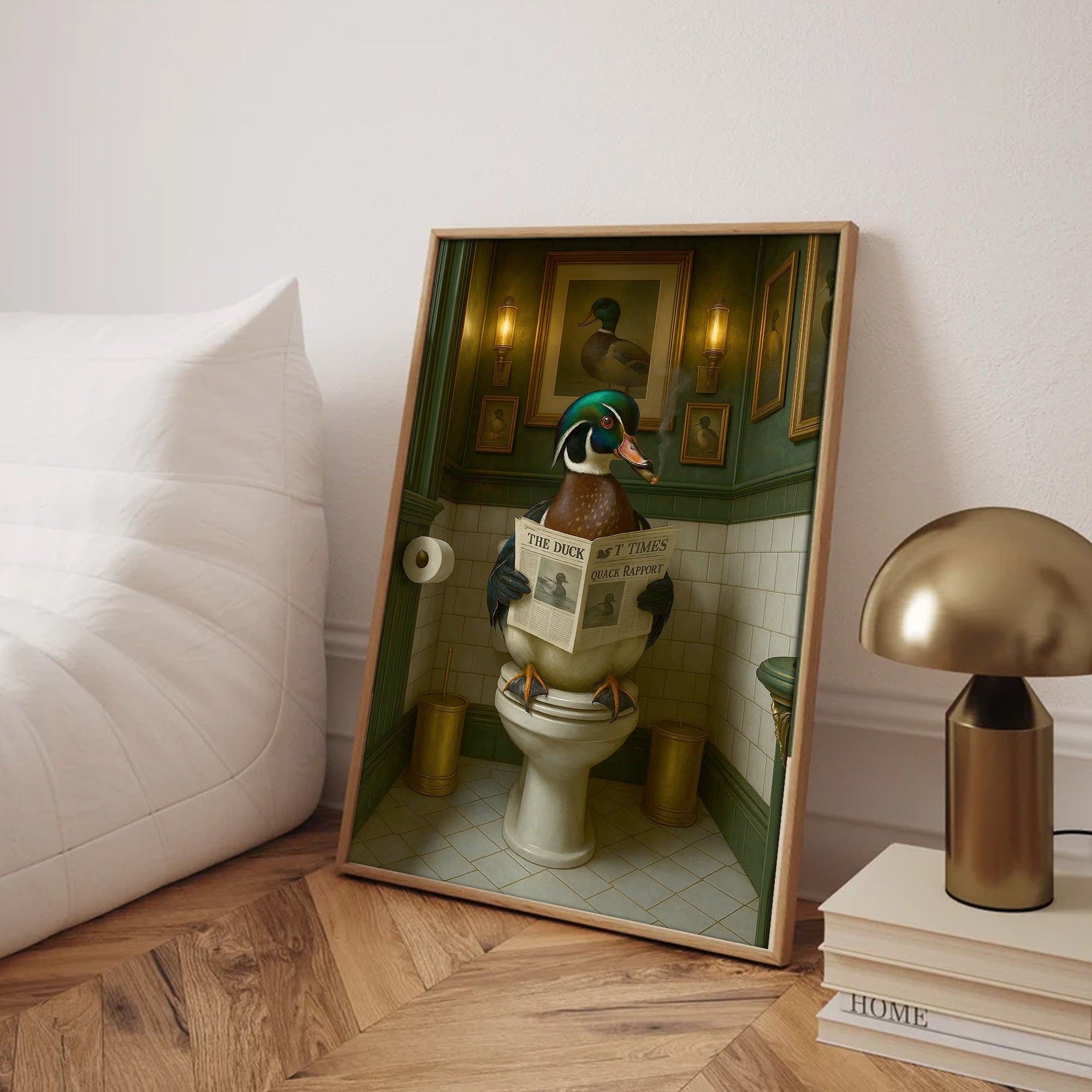 Rustic Duck Bathroom Wall Art Canvas – Wood Duck Reading Newspaper - Lodge Humor Print, Perfect Gift for Hunters