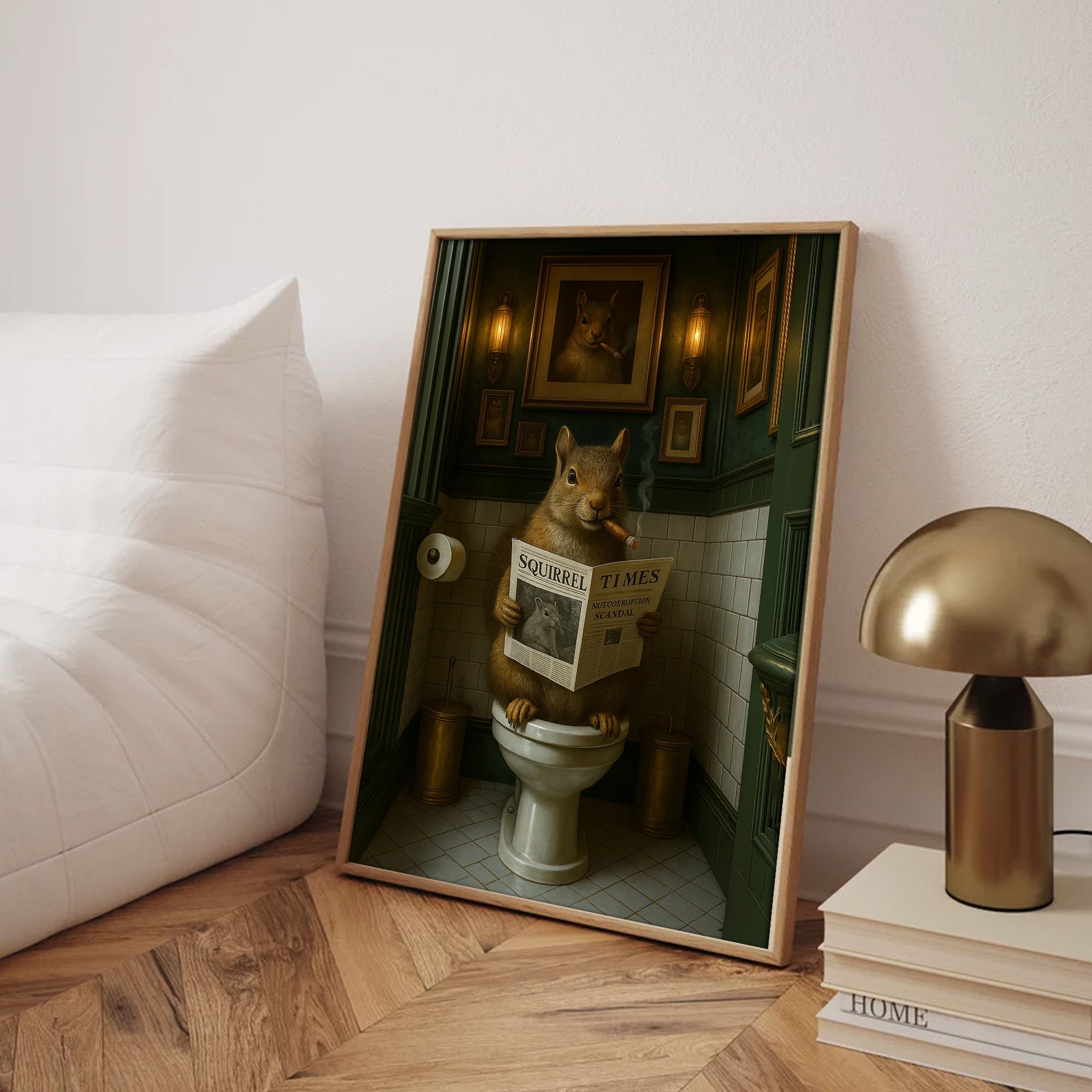 Funny Squirrel on Toilet Poster Canvas – Hilarious Wildlife Bathroom Scene - Lodge Humor Canvas, Gift for Men or Nature Lovers