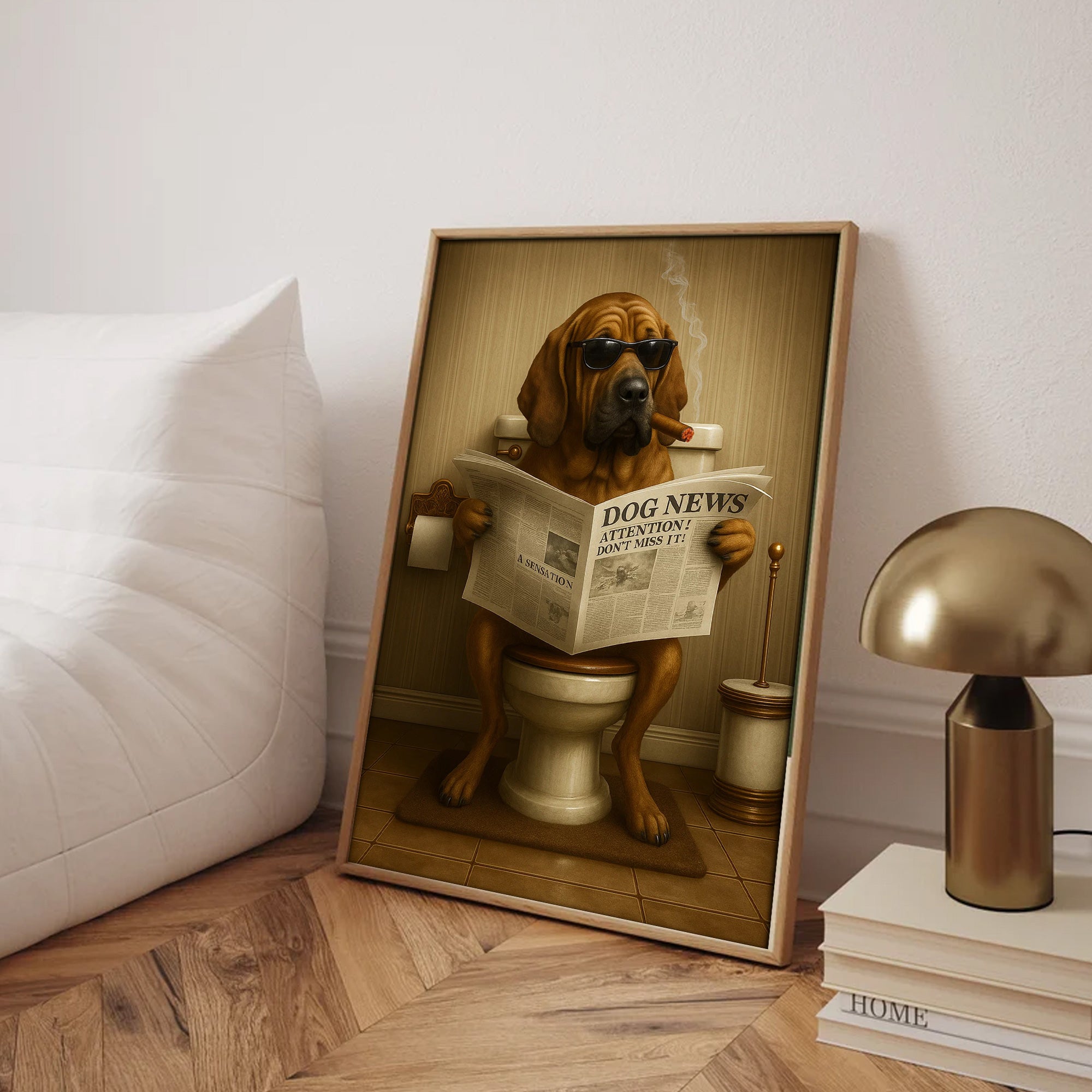 Funny Rustic Dog Bathroom Canvas – Bloodhound Smoking Reading ‘Dog News’ - Hunting Hunters Cabin Decor, Gift for Dad or Husband