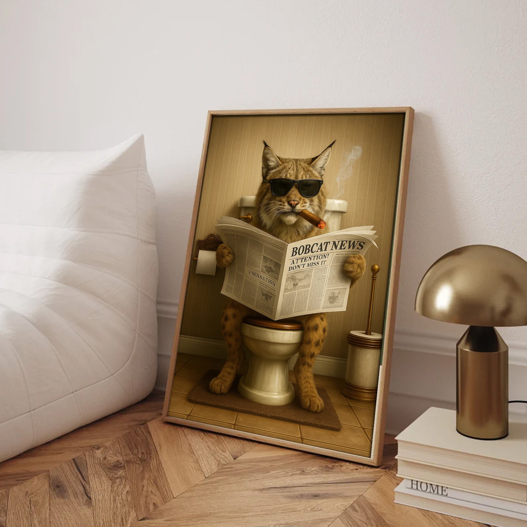 Funny Bobcat Bathroom Wall Art – Rustic Wildlife Decor for Men, Hunting Cabin Poster, Hilarious Gift for Dad