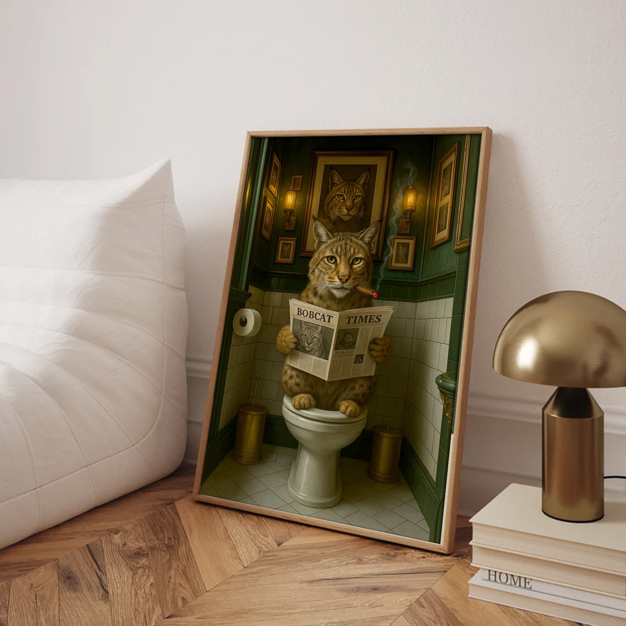 Funny Rustic Bobcat Wall Art Canvas – Smoking-Smoking Wild Cat Reading Newspaper - Rustic Lodge Wall Art, Gift for Hunters