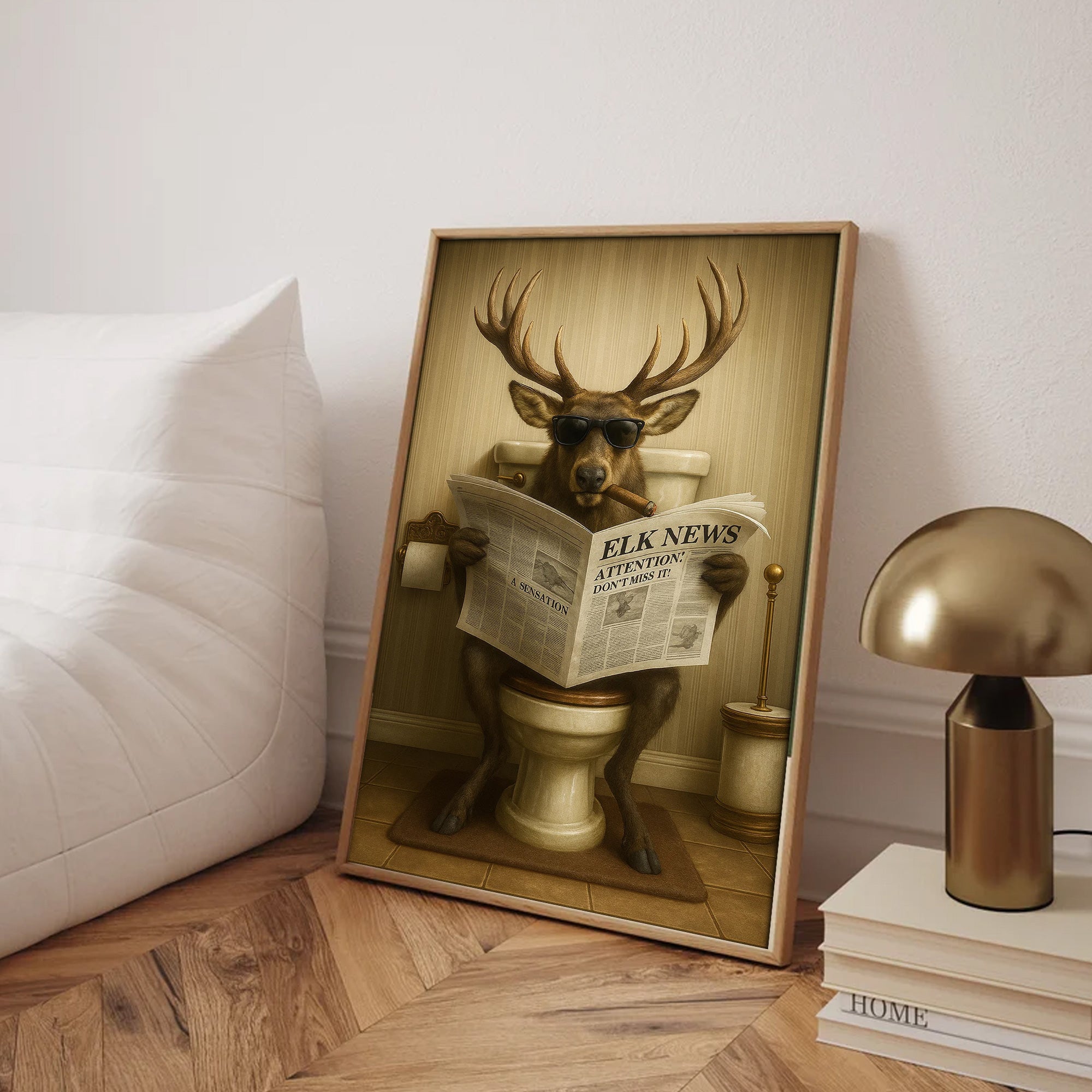 Funny Elk Bathroom Wall Art – Hunting Lodge Decor for Men - Wildlife Animal Poster - Unique Dad Gift for Hunters & Outdoorsmen