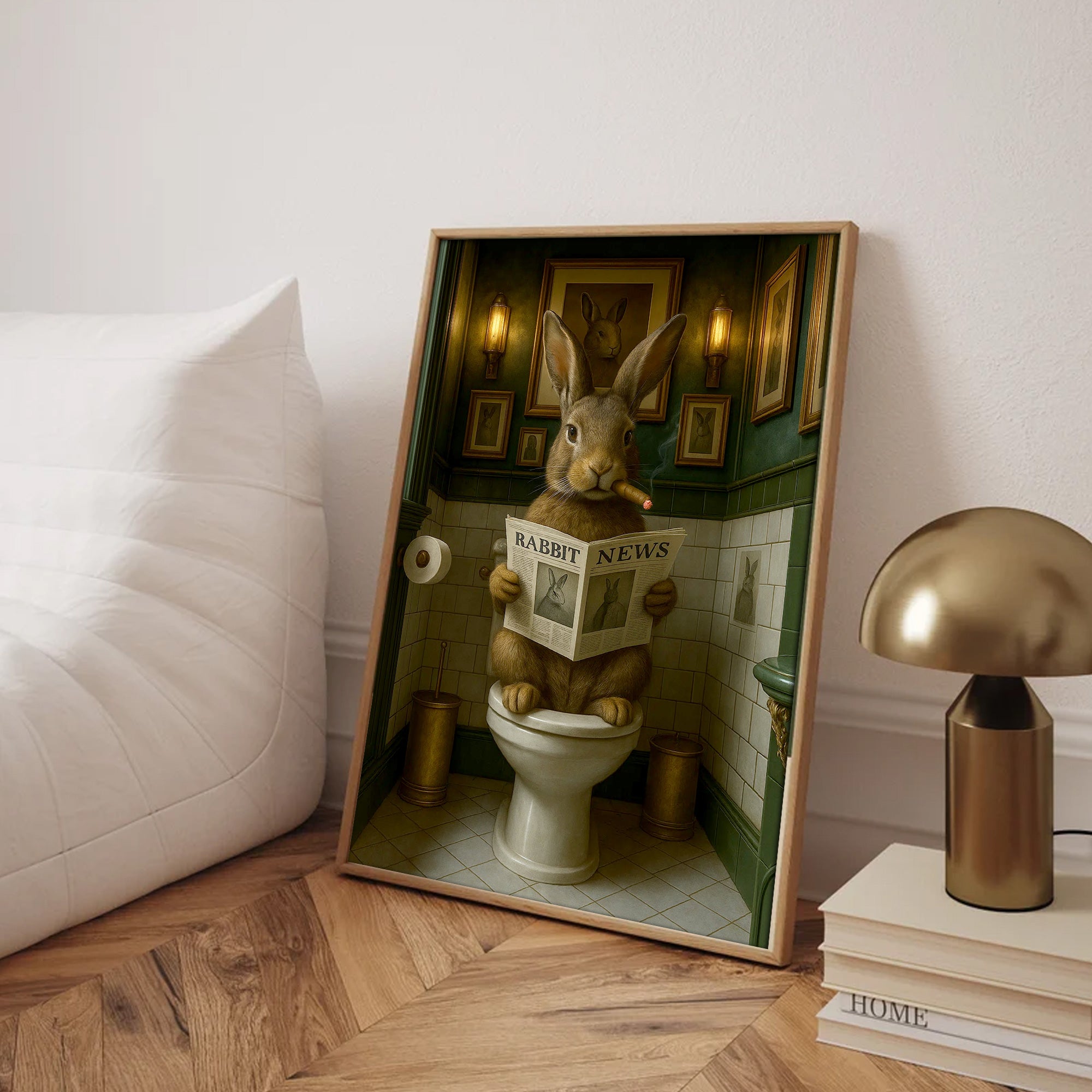 Funny Rabbit Bathroom Poster Canvas– Smoking-Smoking Bunny Reading Newspaper - Rustic Toilet Wall Art, Gift for Animal Lovers