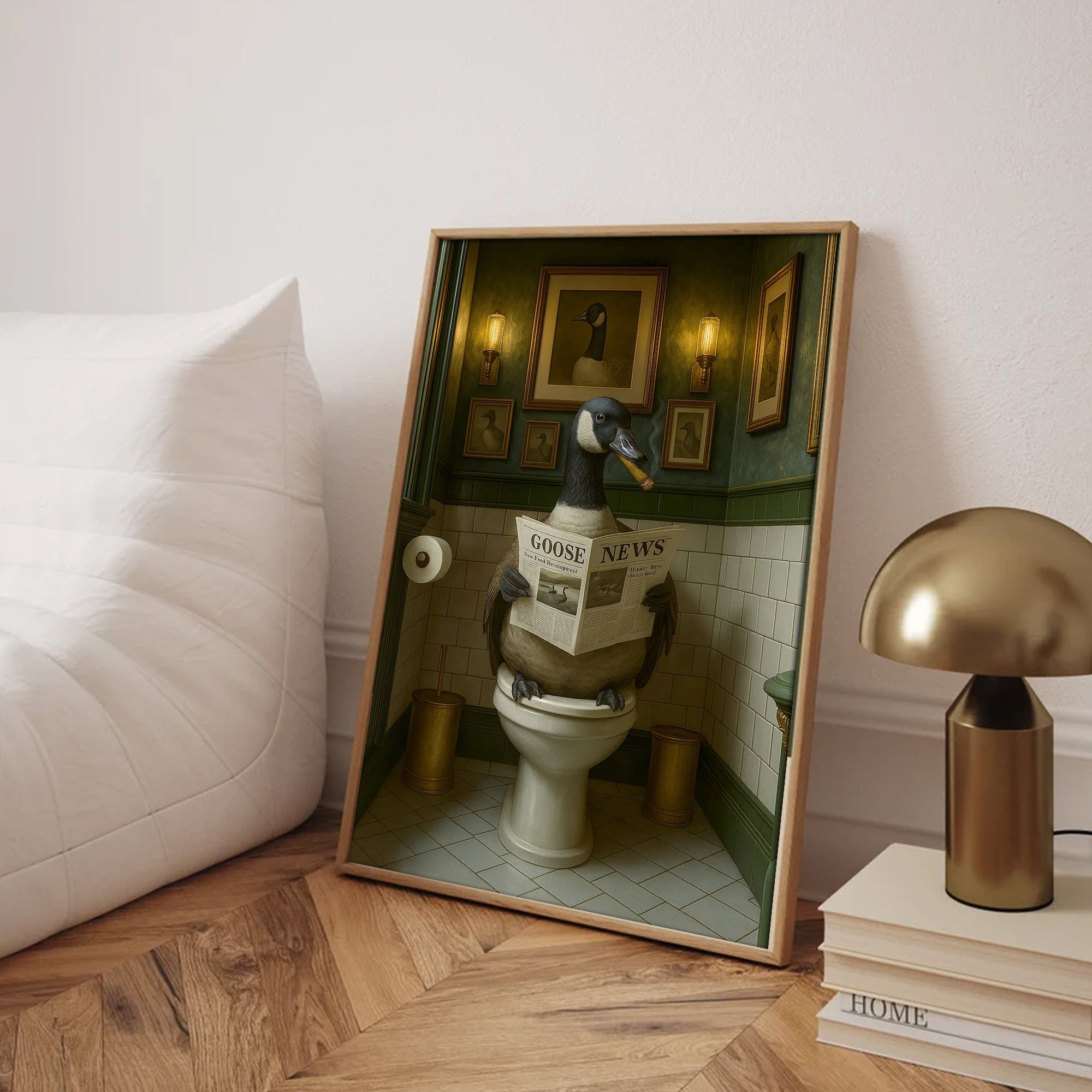 Funny Canada Goose Bathroom Poster – Rustic Cabin Wall Art, Goose Reading Newspaper on Toilet - Canvas Gift for Hunters