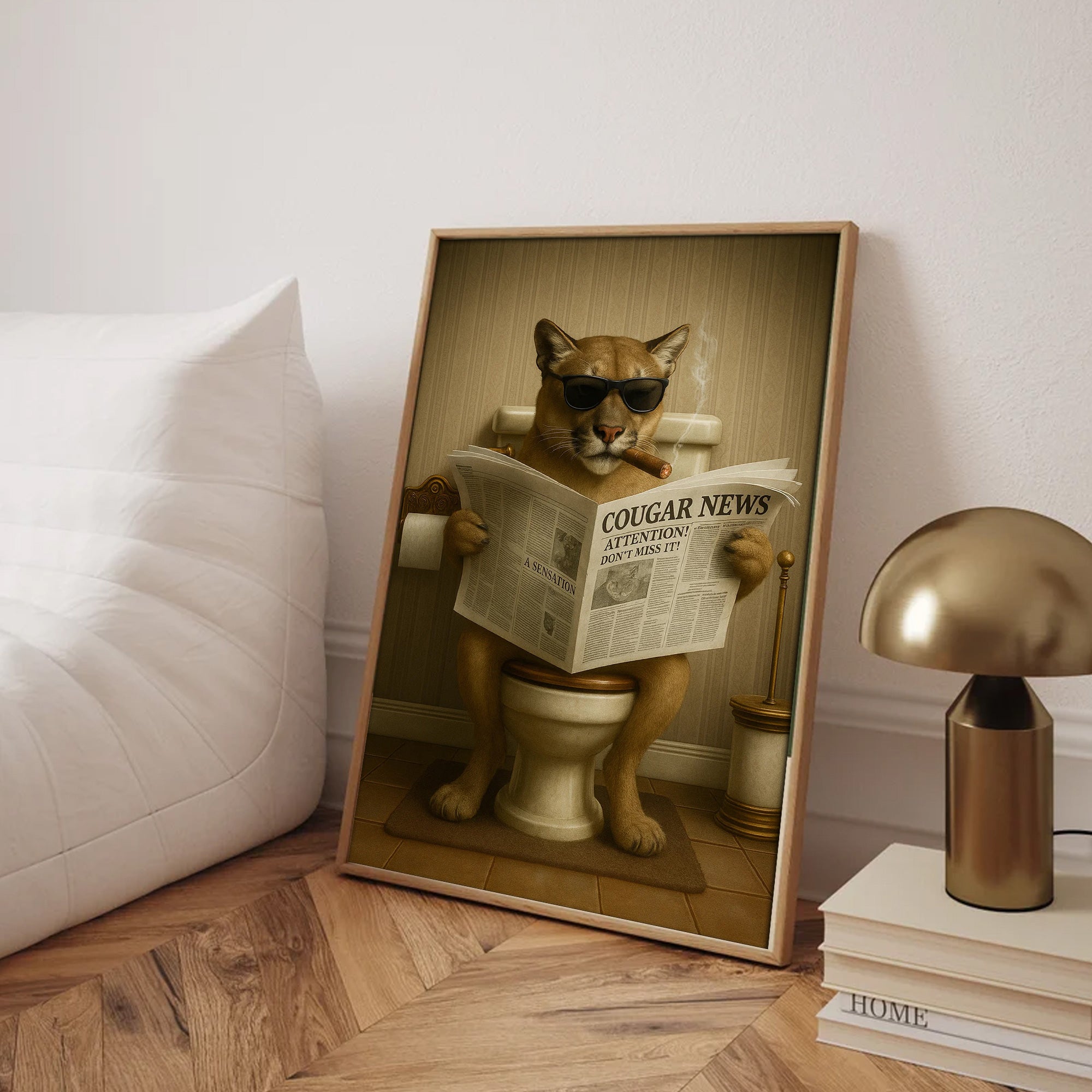 Funny Cougar Bathroom Canvas – Mountain Lion on Toilet Reading Newspaper - Rustic Cabin Decor, Gift for Outdoorsmen