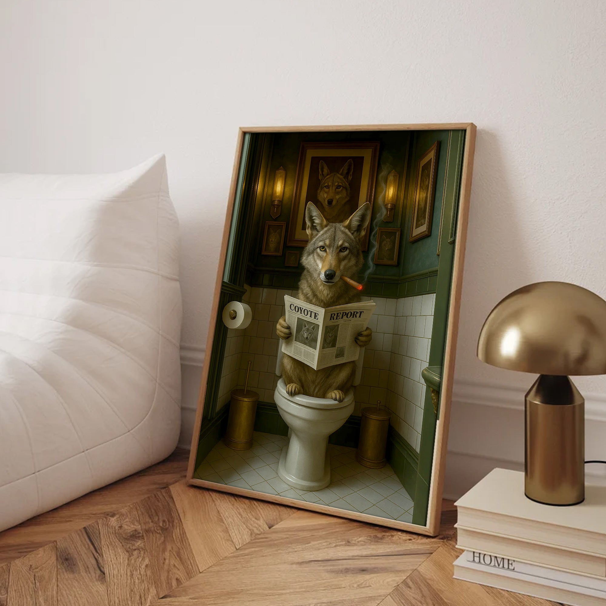 Funny Coyote Bathroom Canvas – Wild Dog on Toilet Reading Newspaper - Wolf Coyote - Rustic Lodge Decor, Gift for Outdoorsmen