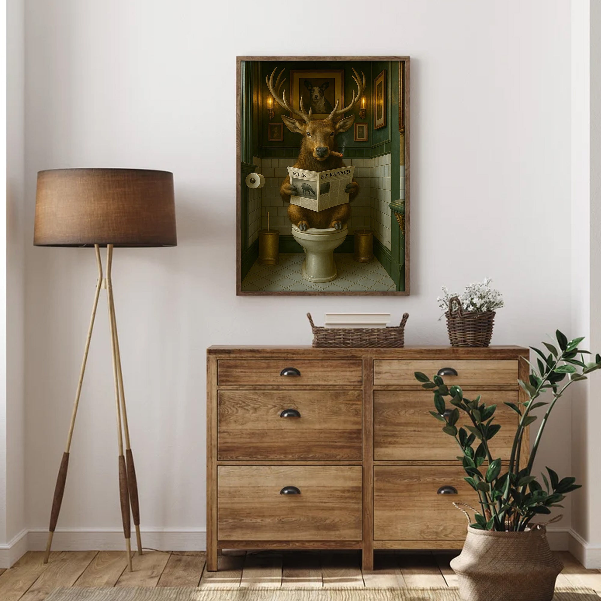 Funny Elk Bathroom Canvas – Smoking-Smoking Deer Reading Newspaper on Toilet - Rustic Cabin Wall Art for Hunters