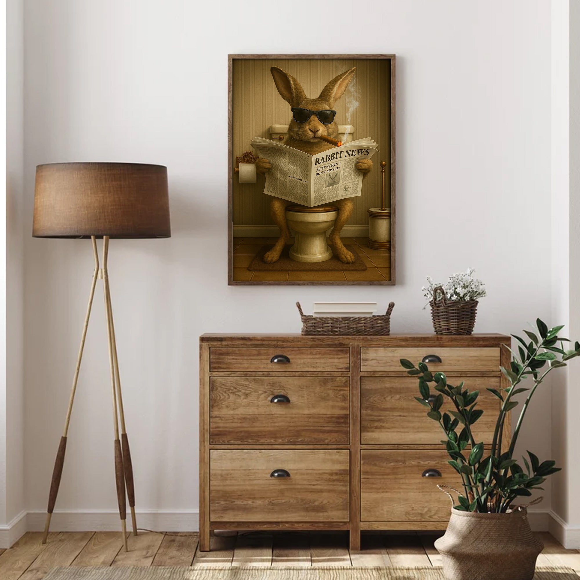 Funny Rabbit Reading News Bathroom Wall Art – Rustic Decor for Men, Hunting Cabin Poster, Hilarious Gift for Dad