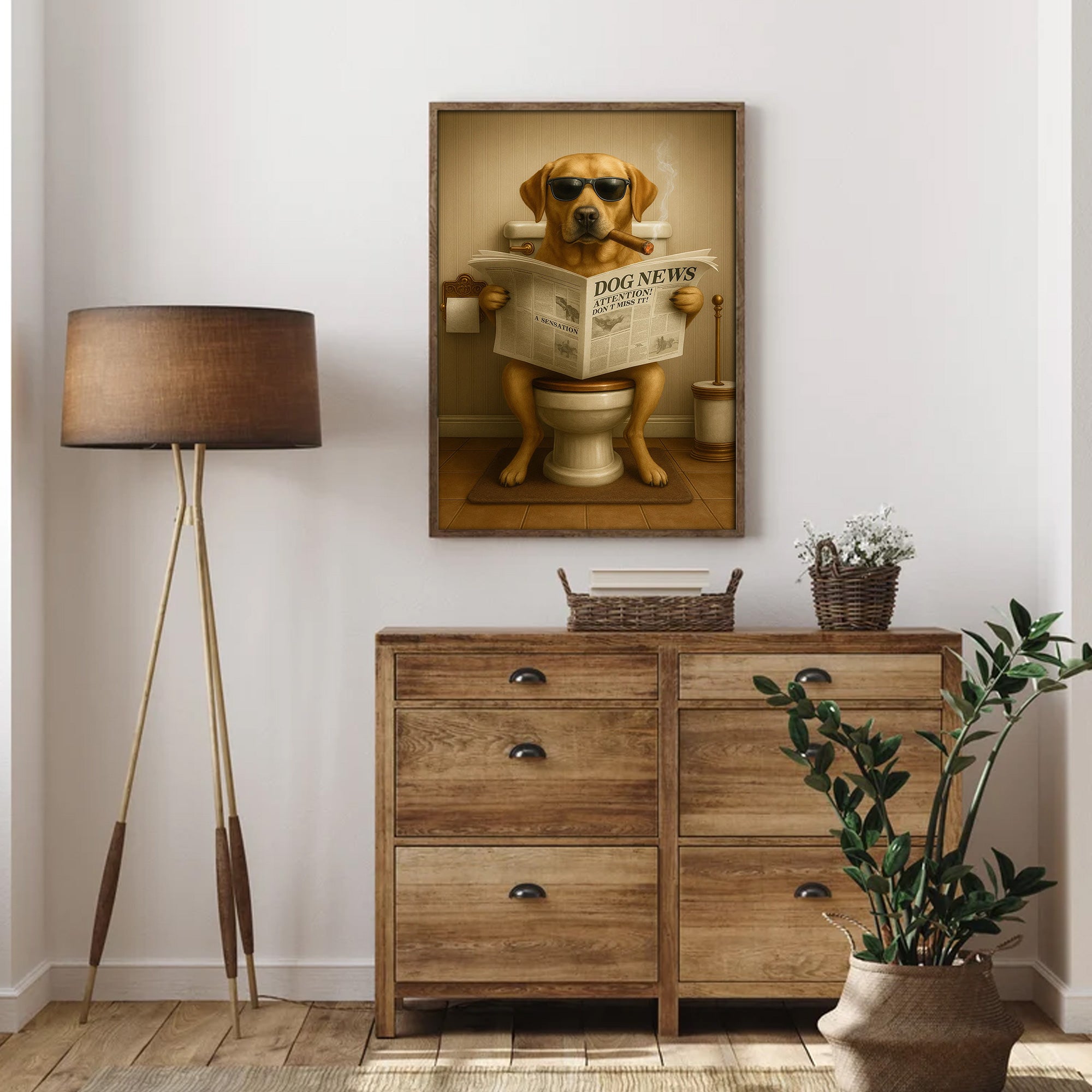 Funny Labrador Bathroom Poster Canvas – Dog on Toilet Reading Newspaper - Rustic Bathroom Decor, Gift for Dog Dads