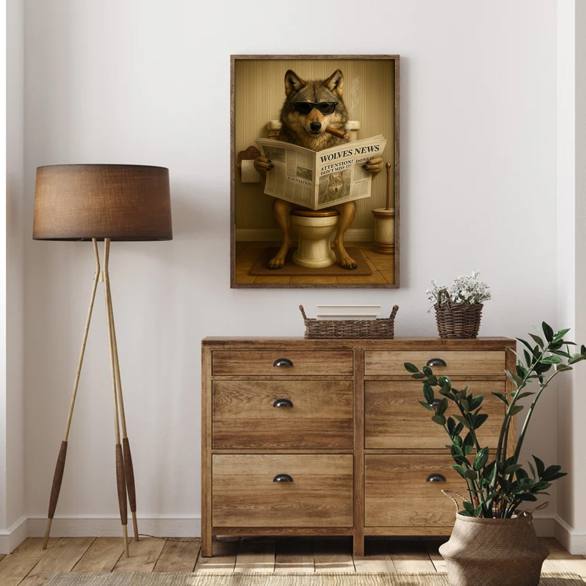 Funny Wolves News Poster Canvas – Hilarious Bathroom Scene with Cool Wolf on Toilet - Gift for Men, Nature Lovers, Hunters