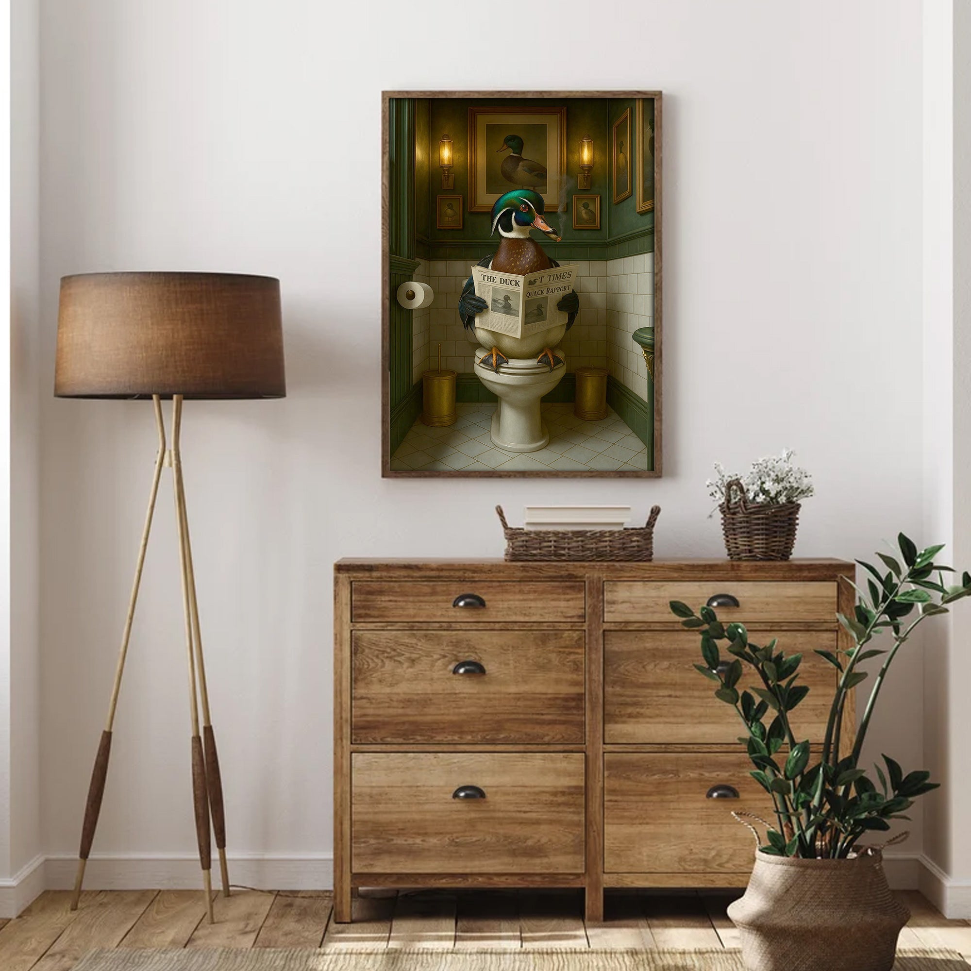 Rustic Duck Bathroom Wall Art Canvas – Wood Duck Reading Newspaper - Lodge Humor Print, Perfect Gift for Hunters