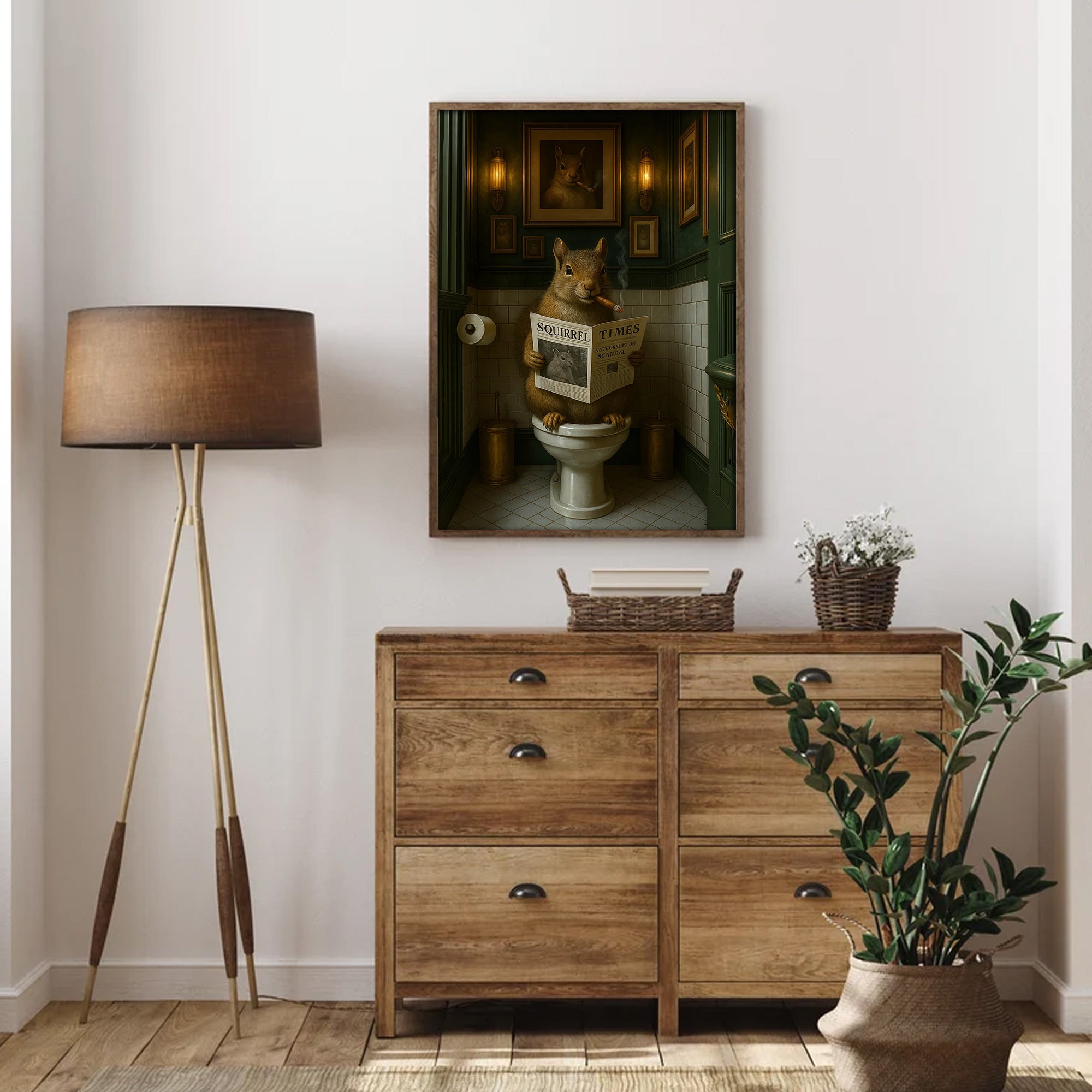 Funny Squirrel on Toilet Poster Canvas – Hilarious Wildlife Bathroom Scene - Lodge Humor Canvas, Gift for Men or Nature Lovers