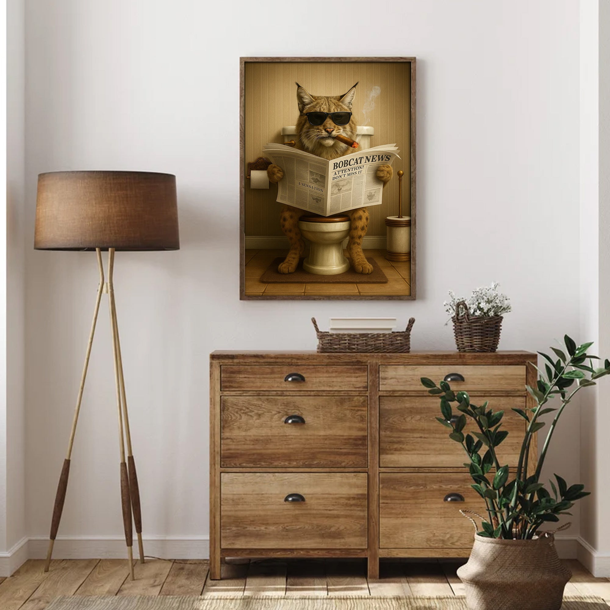 Funny Bobcat Bathroom Wall Art – Rustic Wildlife Decor for Men, Hunting Cabin Poster, Hilarious Gift for Dad