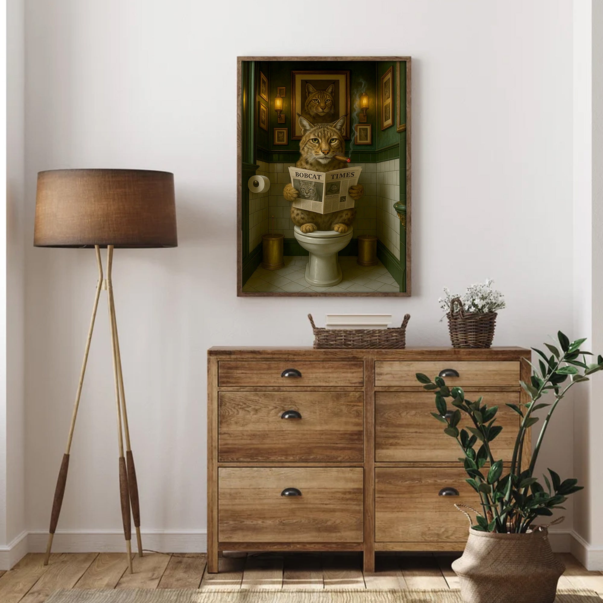 Funny Rustic Bobcat Wall Art Canvas – Smoking-Smoking Wild Cat Reading Newspaper - Rustic Lodge Wall Art, Gift for Hunters