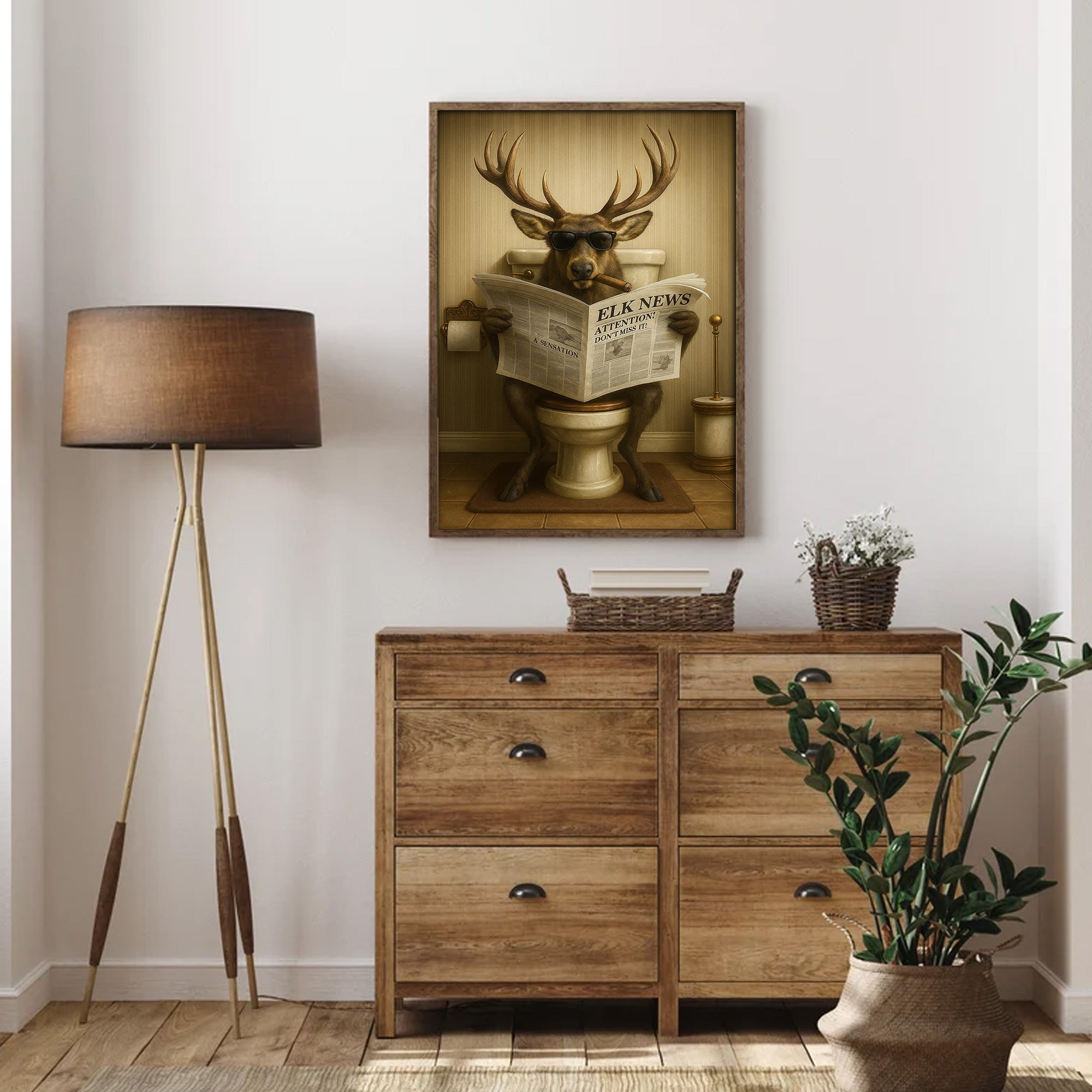 Funny Elk Bathroom Wall Art – Hunting Lodge Decor for Men - Wildlife Animal Poster - Unique Dad Gift for Hunters & Outdoorsmen