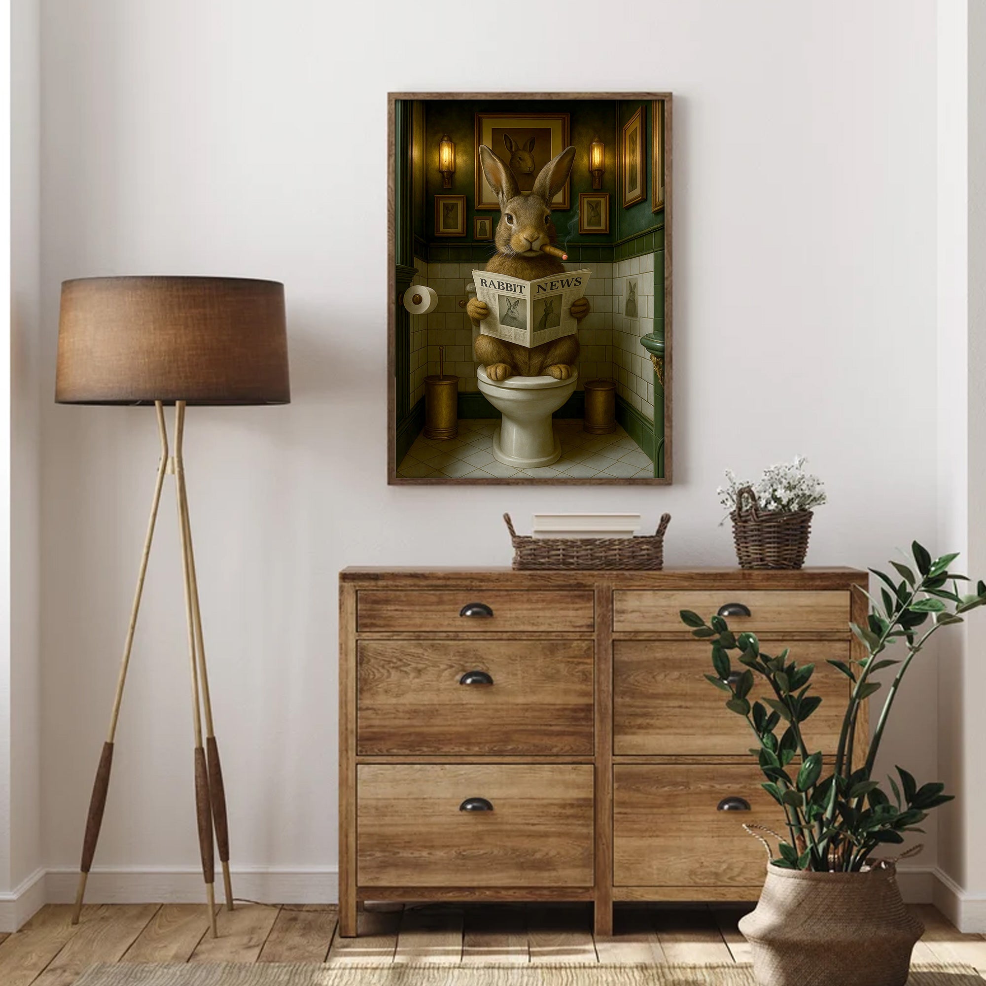 Funny Rabbit Bathroom Poster Canvas– Smoking-Smoking Bunny Reading Newspaper - Rustic Toilet Wall Art, Gift for Animal Lovers