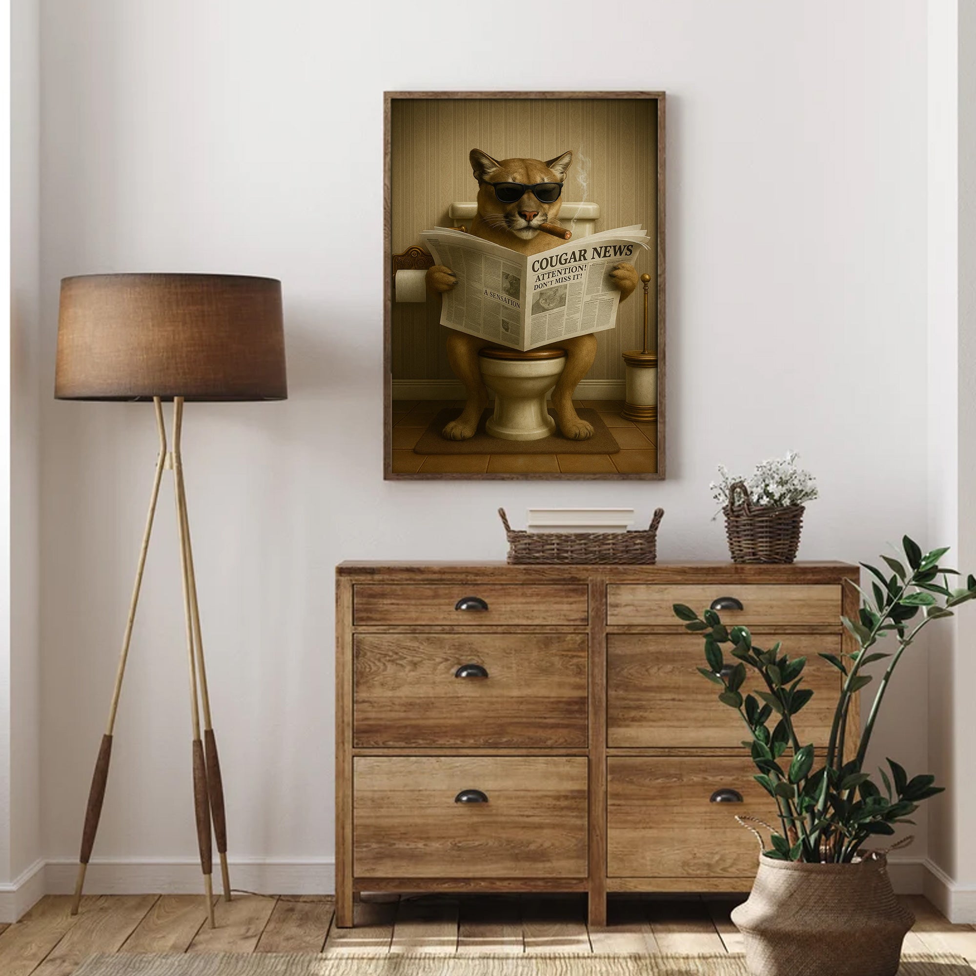 Funny Cougar Bathroom Canvas – Mountain Lion on Toilet Reading Newspaper - Rustic Cabin Decor, Gift for Outdoorsmen
