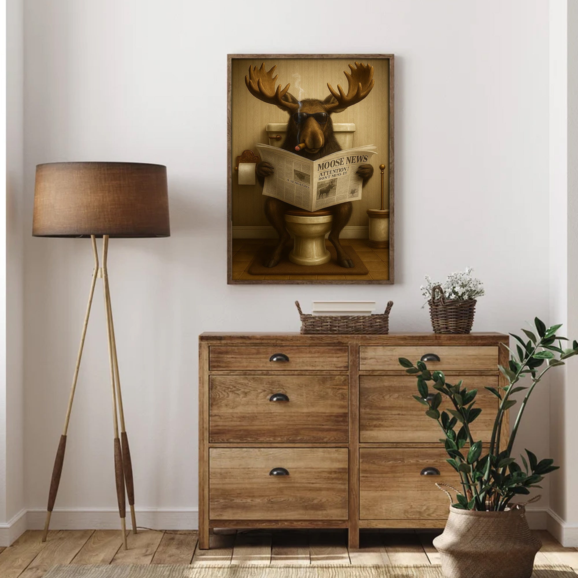 Funny Elk Hunting Lodge Moose Bathroom Canvas Wall Art – Wildlife Animal Poster - Unique Gift for Dad, Hunters & Outdoorsmen