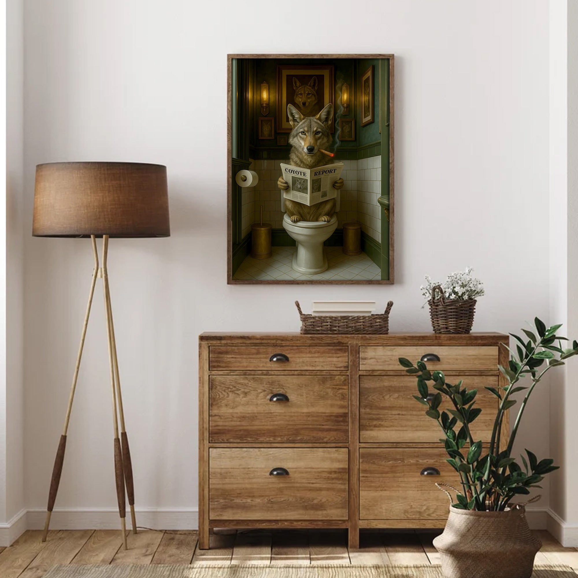 Funny Coyote Bathroom Canvas – Wild Dog on Toilet Reading Newspaper - Wolf Coyote - Rustic Lodge Decor, Gift for Outdoorsmen