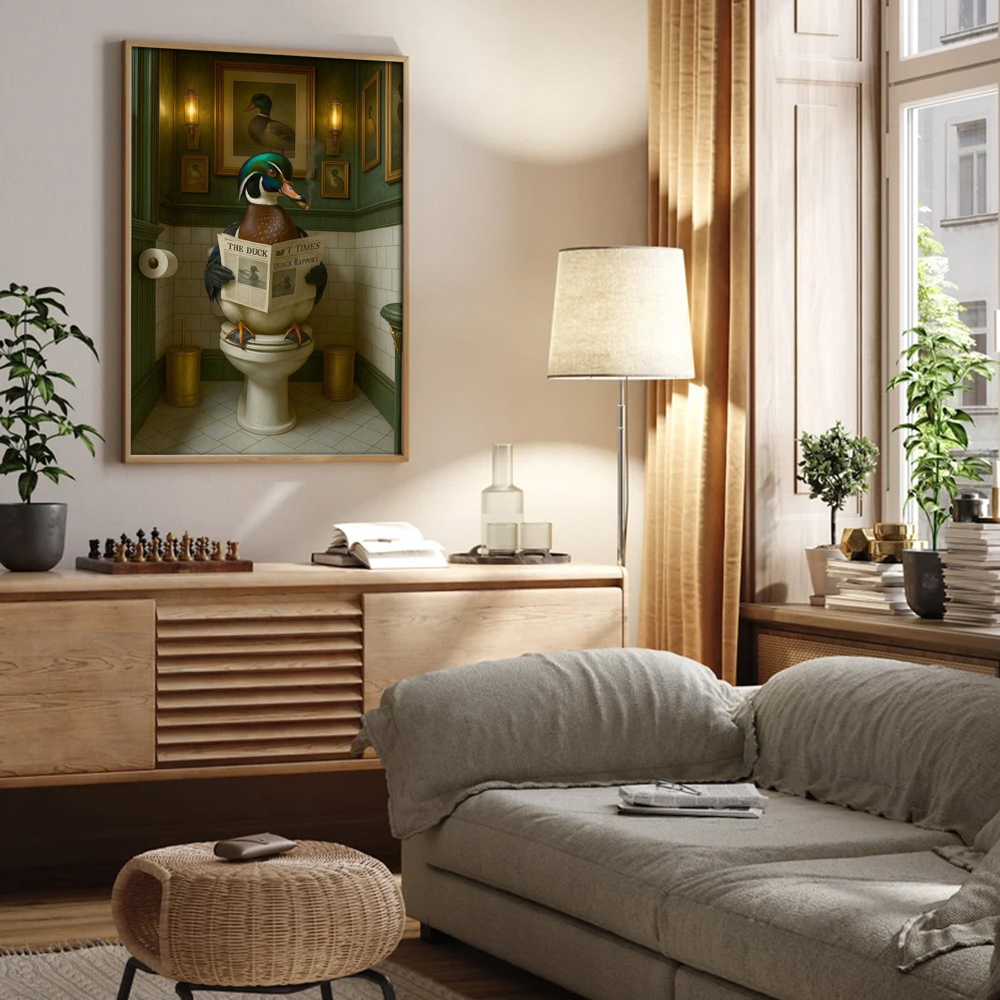 Rustic Duck Bathroom Wall Art Canvas – Wood Duck Reading Newspaper - Lodge Humor Print, Perfect Gift for Hunters