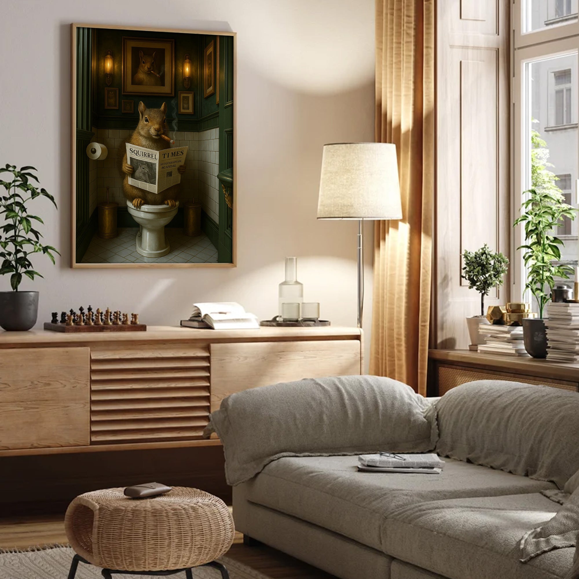 Funny Squirrel on Toilet Poster Canvas – Hilarious Wildlife Bathroom Scene - Lodge Humor Canvas, Gift for Men or Nature Lovers