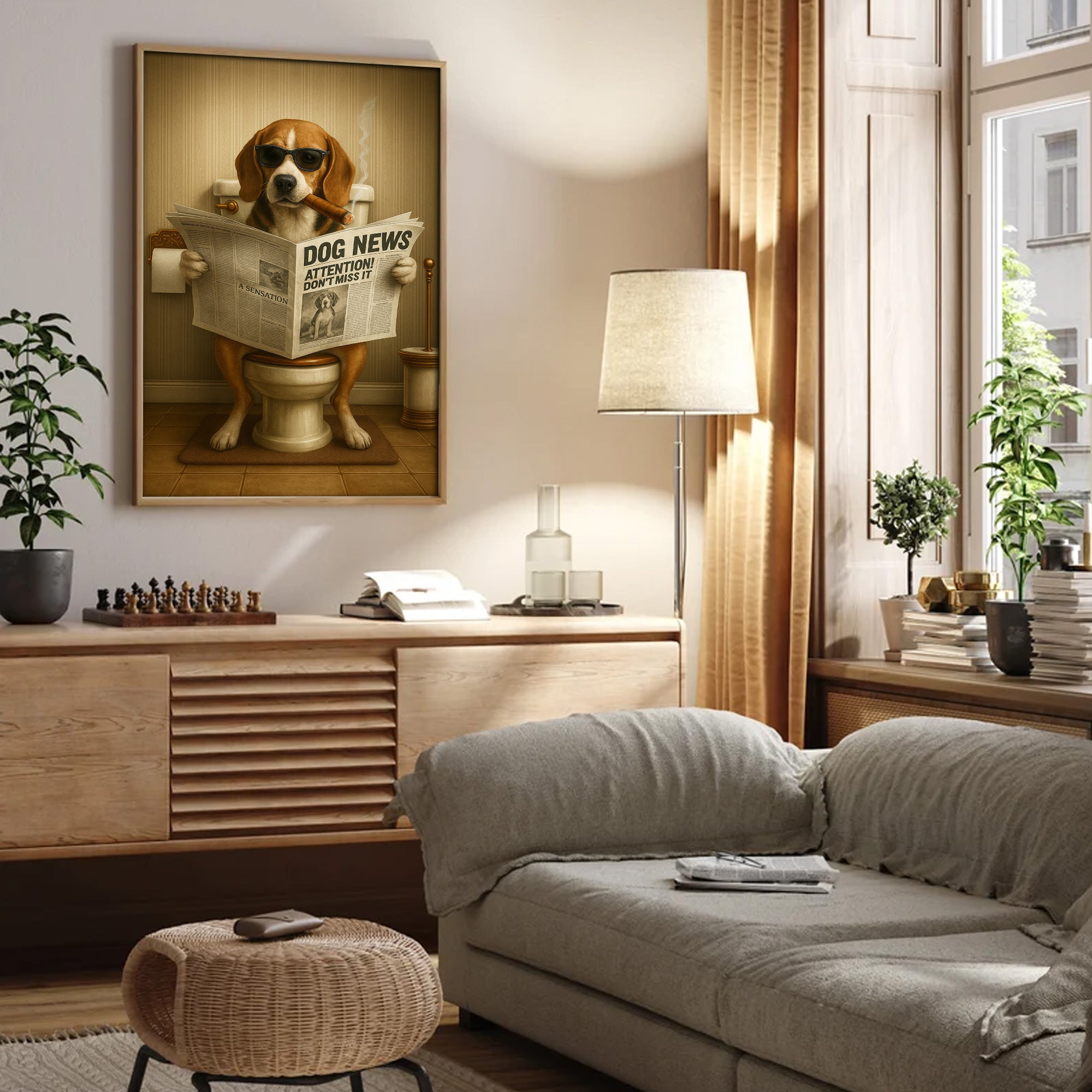 Funny Beagle Reading Newspaper Canvas – Funny Dog Hunting Bathroom Wall Art, Rustic Cabin Decor, Gift for Men